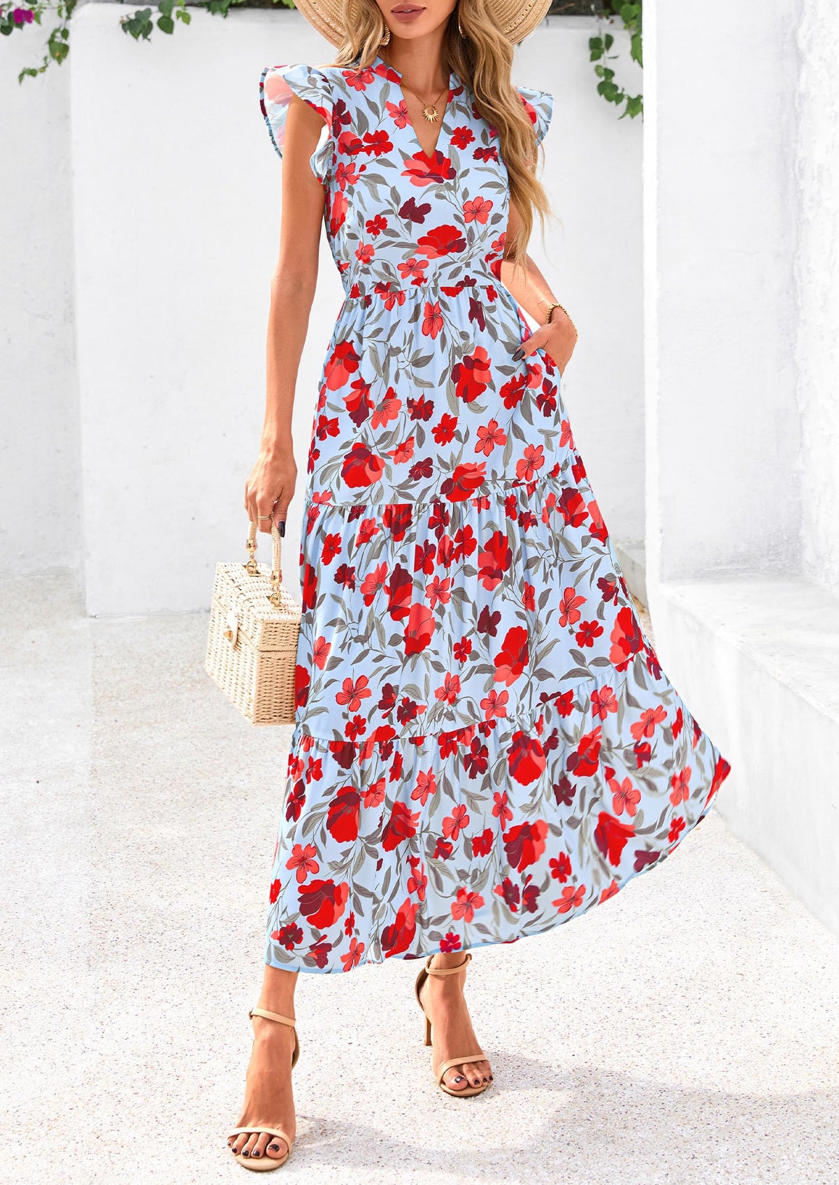 Summer Floral Cap Sleeve V Neck Ruffle Long Flowy Boho Casual Beach Vacation Midi Dress