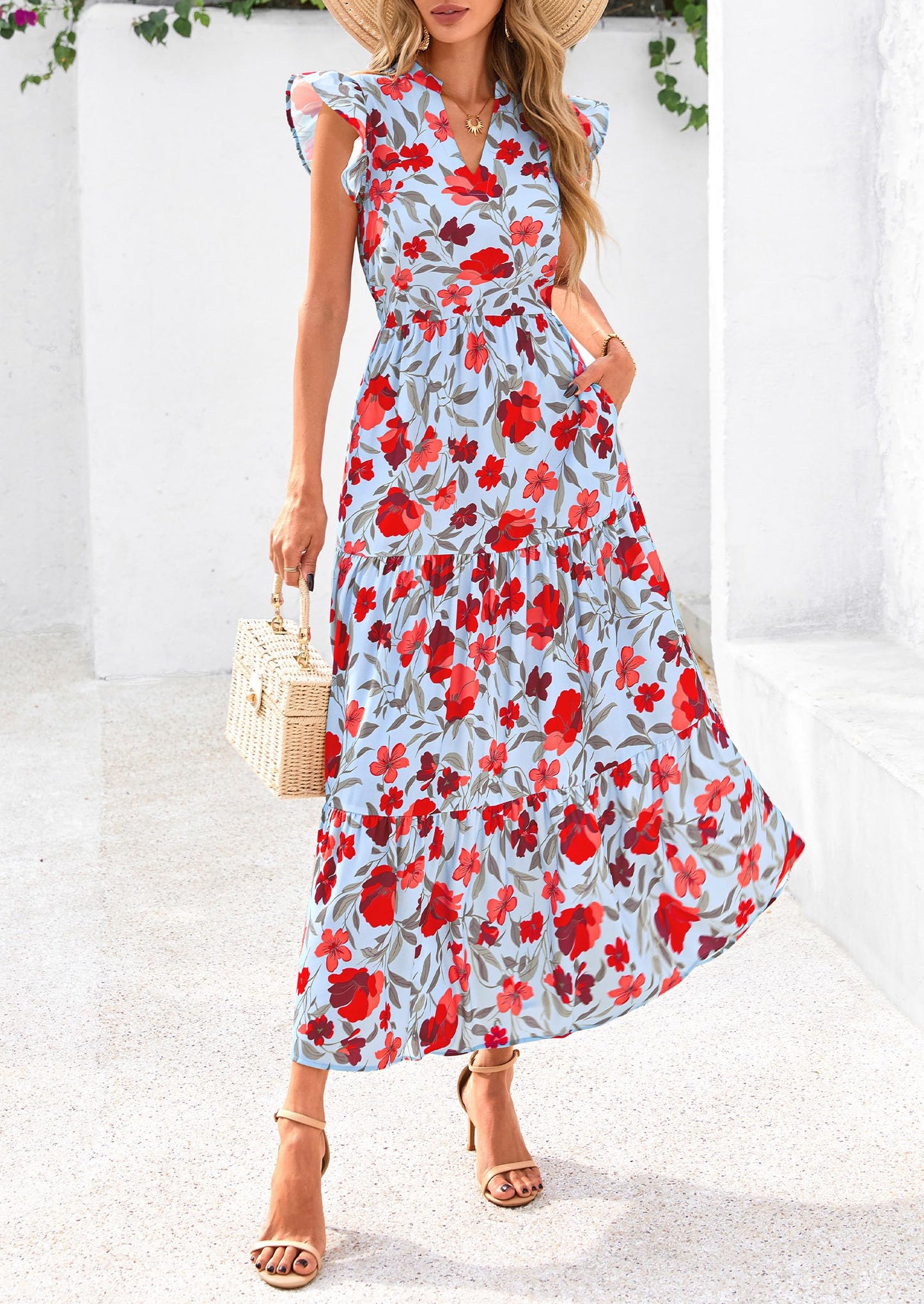 Women's 2025 Summer Floral Midi Dress Cap Sleeve V Neck Ruffle Long Flowy Boho Casual Beach Vacation Dresses