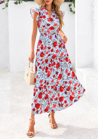 Summer Floral Cap Sleeve V Neck Ruffle Long Flowy Boho Casual Beach Vacation Midi Dress