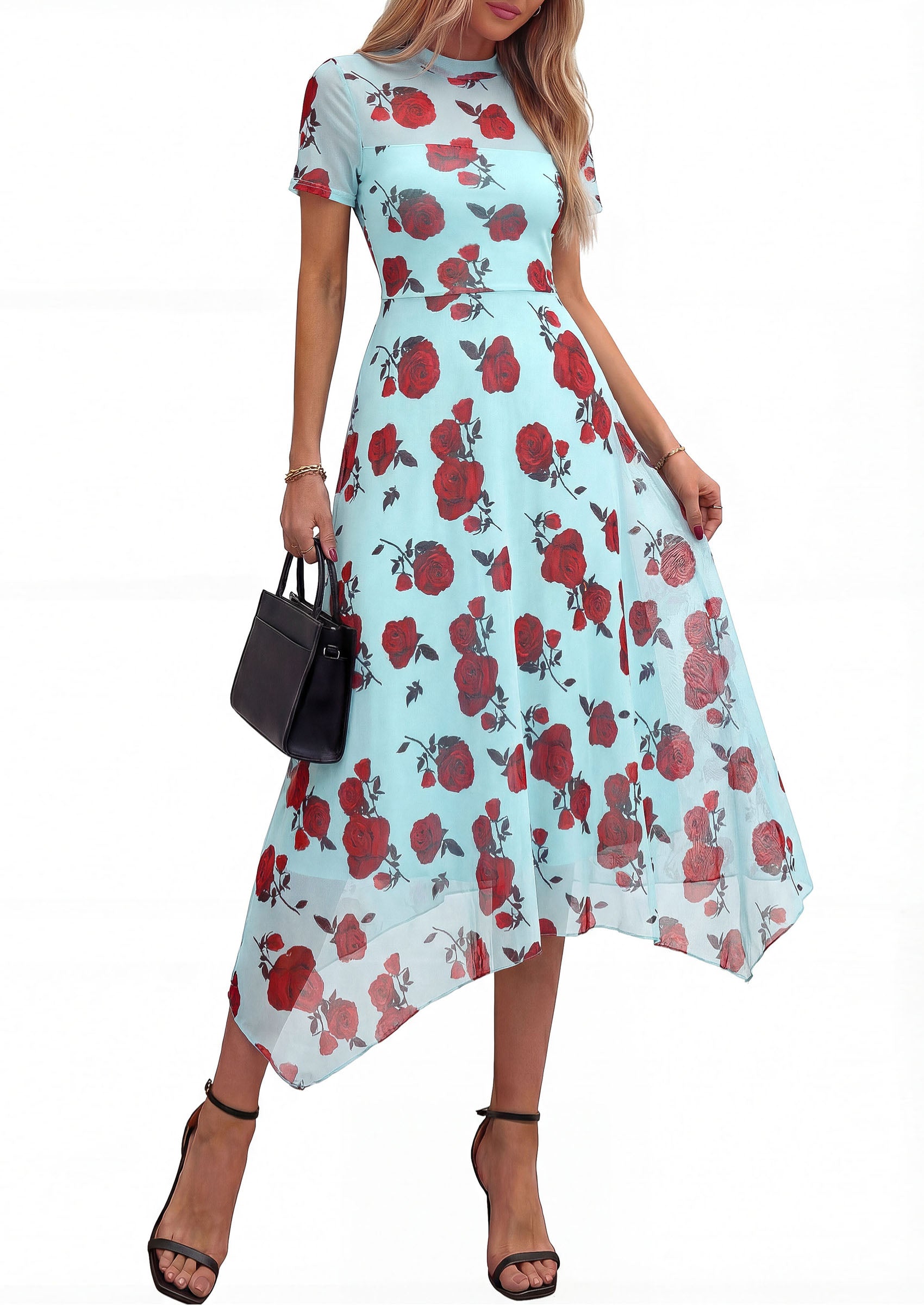 PRETTYGARDEN Cocktail Dresses for Women Summer Short Sleeve Floral Mesh Sheer Midi Party Wedding Guest Dress