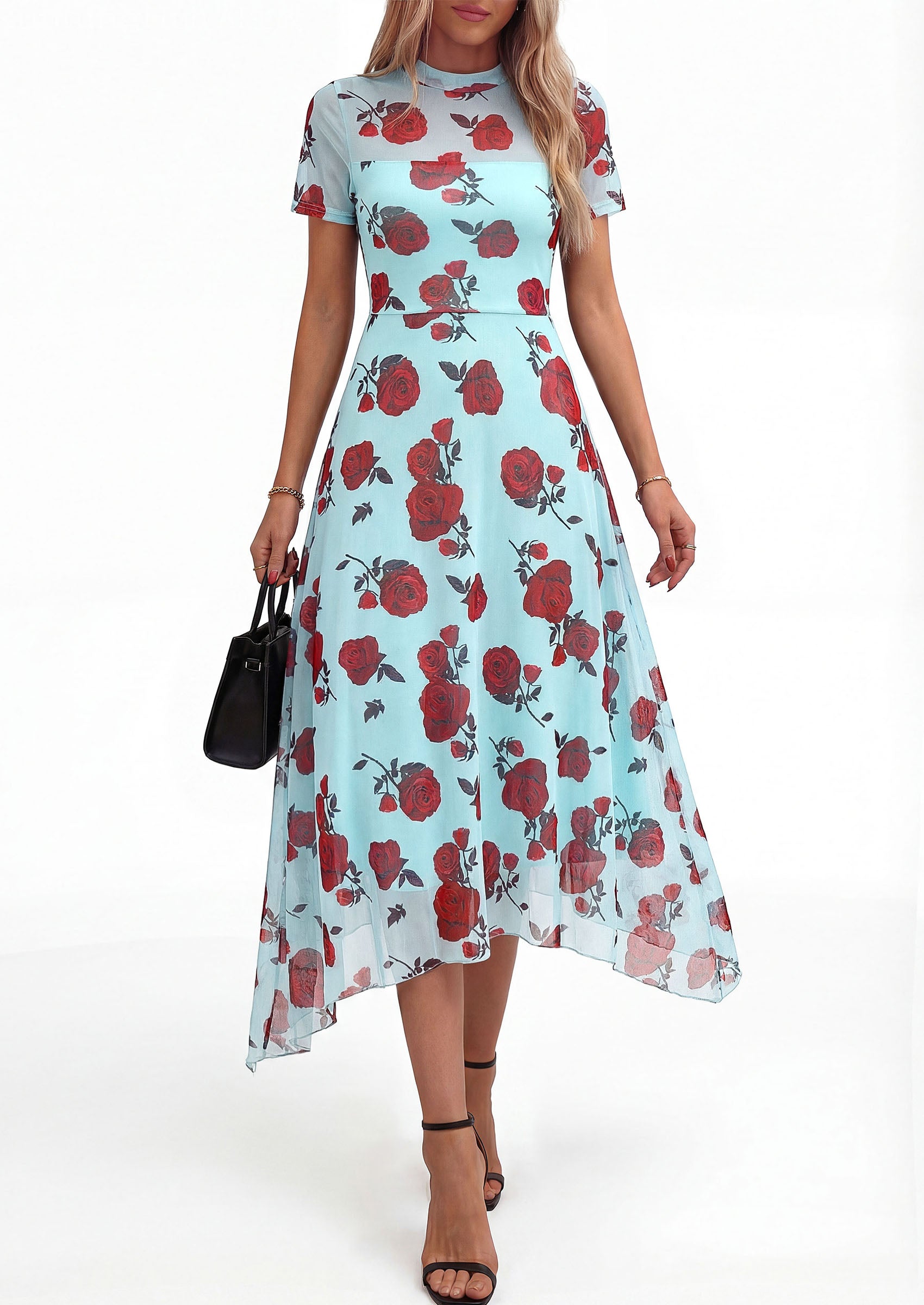 PRETTYGARDEN Cocktail Dresses for Women Summer Short Sleeve Floral Mesh Sheer Midi Party Wedding Guest Dress