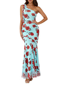 PRETTYGARDEN Womens Summer One Shoulder Maxi Dress Floral Sleeveless Bodycon Mesh Long Formal Wedding Guest Dresses PRETTYGARDEN