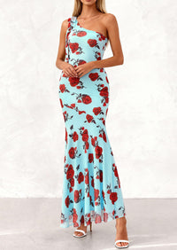 PRETTYGARDEN Womens Summer One Shoulder Maxi Dress Floral Sleeveless Bodycon Mesh Long Formal Wedding Guest Dresses PRETTYGARDEN