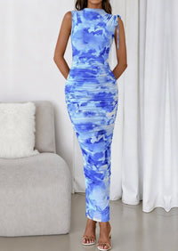 PRETTYGARDEN Women's Summer Maxi Floral Dresses Ruched Bodycon Sleeveless Mesh Formal Wedding Guest Cocktail Split Long Dress PRETTYGARDEN