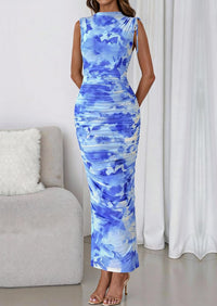 PRETTYGARDEN Women's Summer Maxi Floral Dresses Ruched Bodycon Sleeveless Mesh Formal Wedding Guest Cocktail Split Long Dress PRETTYGARDEN