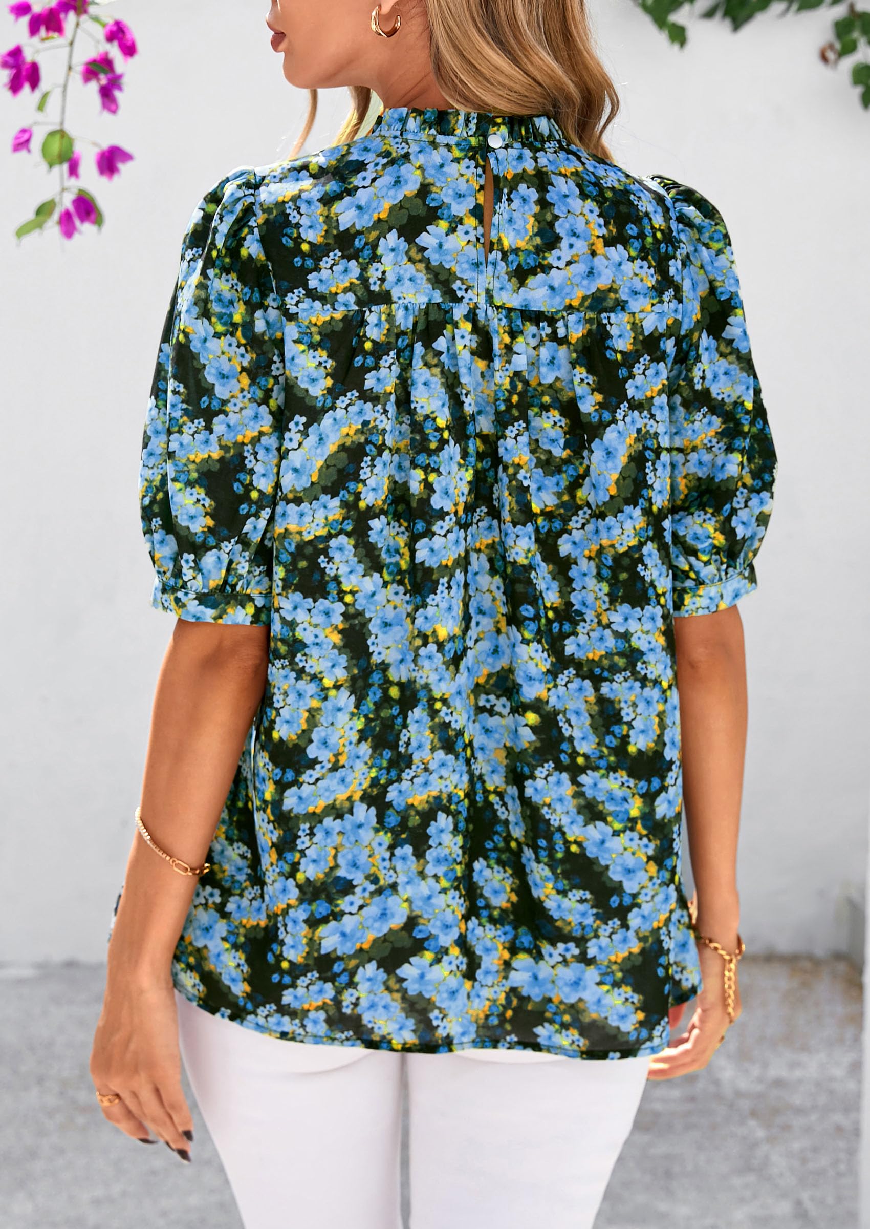 PRETTYGARDEN Floral Tops for Women Blouses Dressy Casual Summer Trendy Outfits Boho Pleated Short Sleeve Shirts