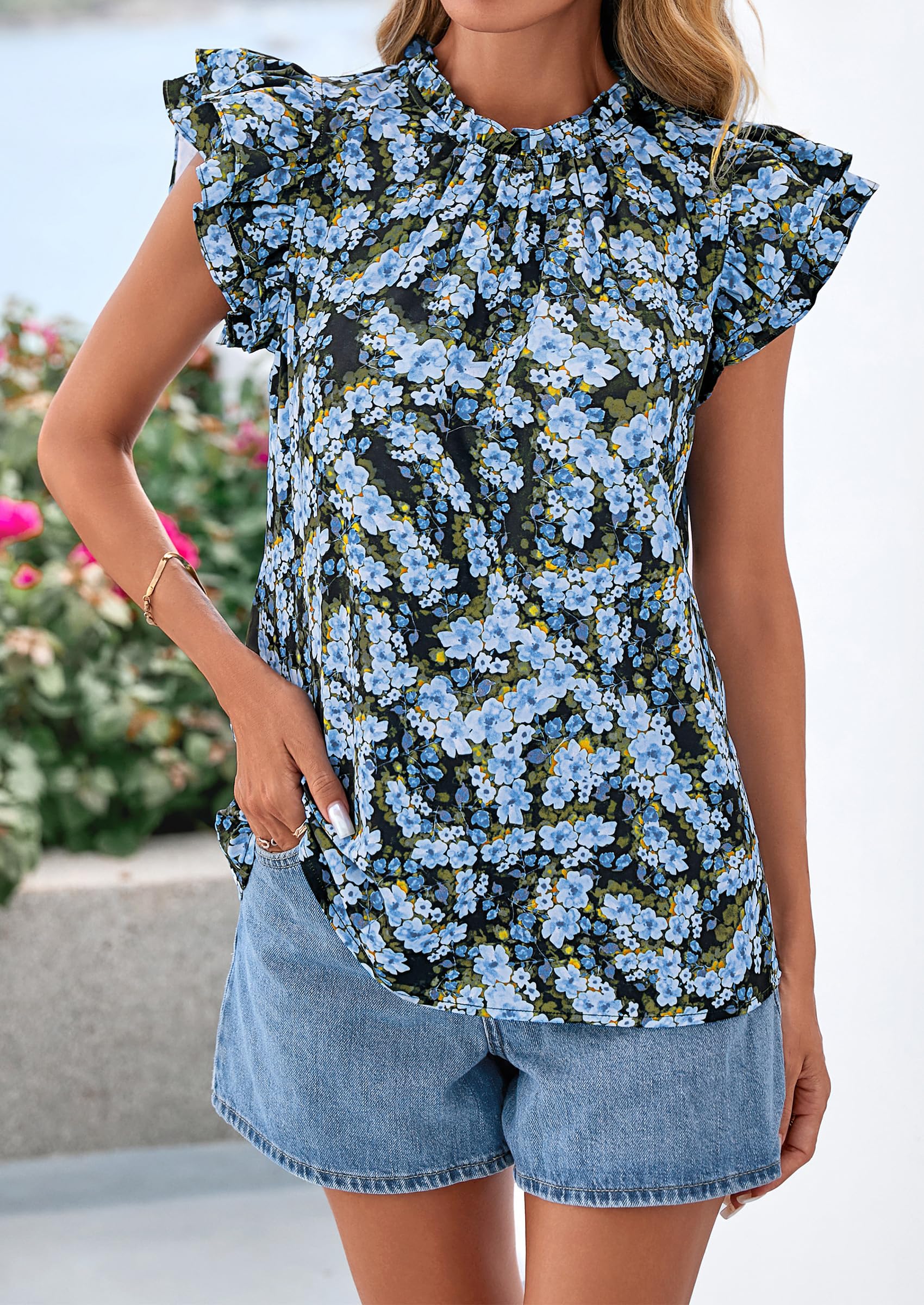 PRETTYGARDEN Women's Ruffle Short Sleeve Summer Tops Trendy Floral Trim Neck Casual Dressy Chiffon Boho Blouses Shirts PRETTYGARDEN