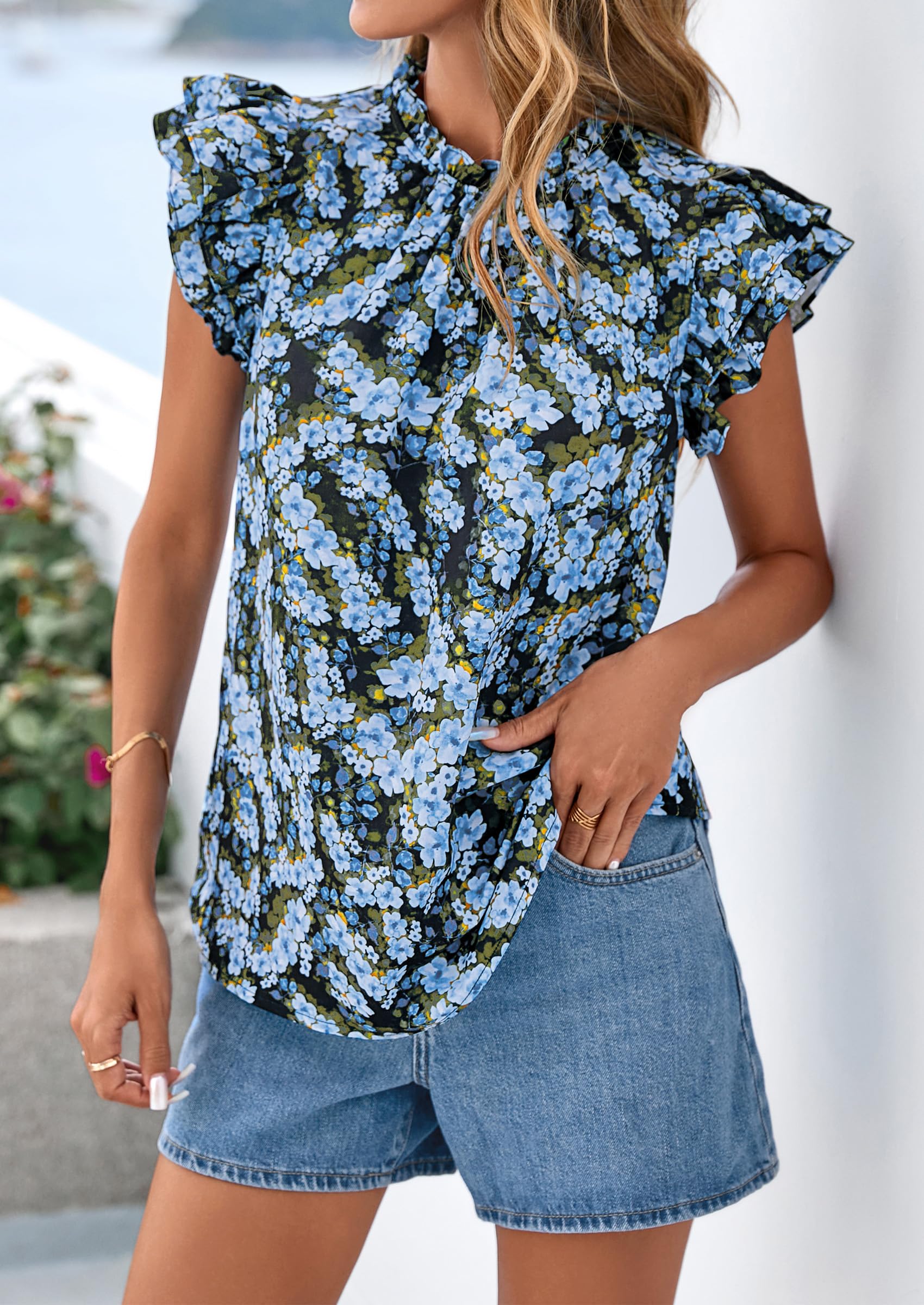 PRETTYGARDEN Women's Ruffle Short Sleeve Summer Tops Trendy Floral Trim Neck Casual Dressy Chiffon Boho Blouses Shirts PRETTYGARDEN