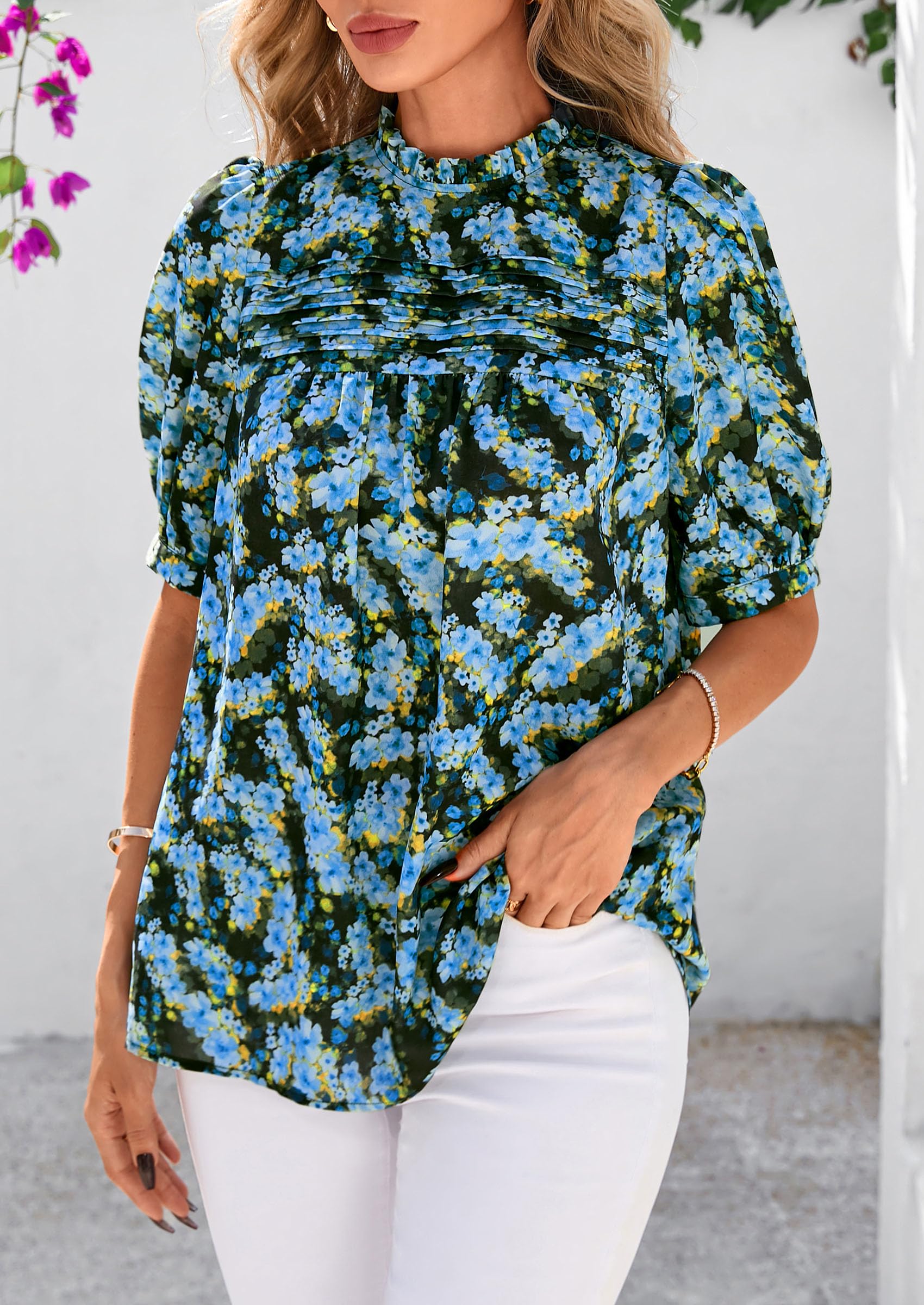 PRETTYGARDEN Floral Tops for Women Blouses Dressy Casual Summer Trendy Outfits Boho Pleated Short Sleeve Shirts