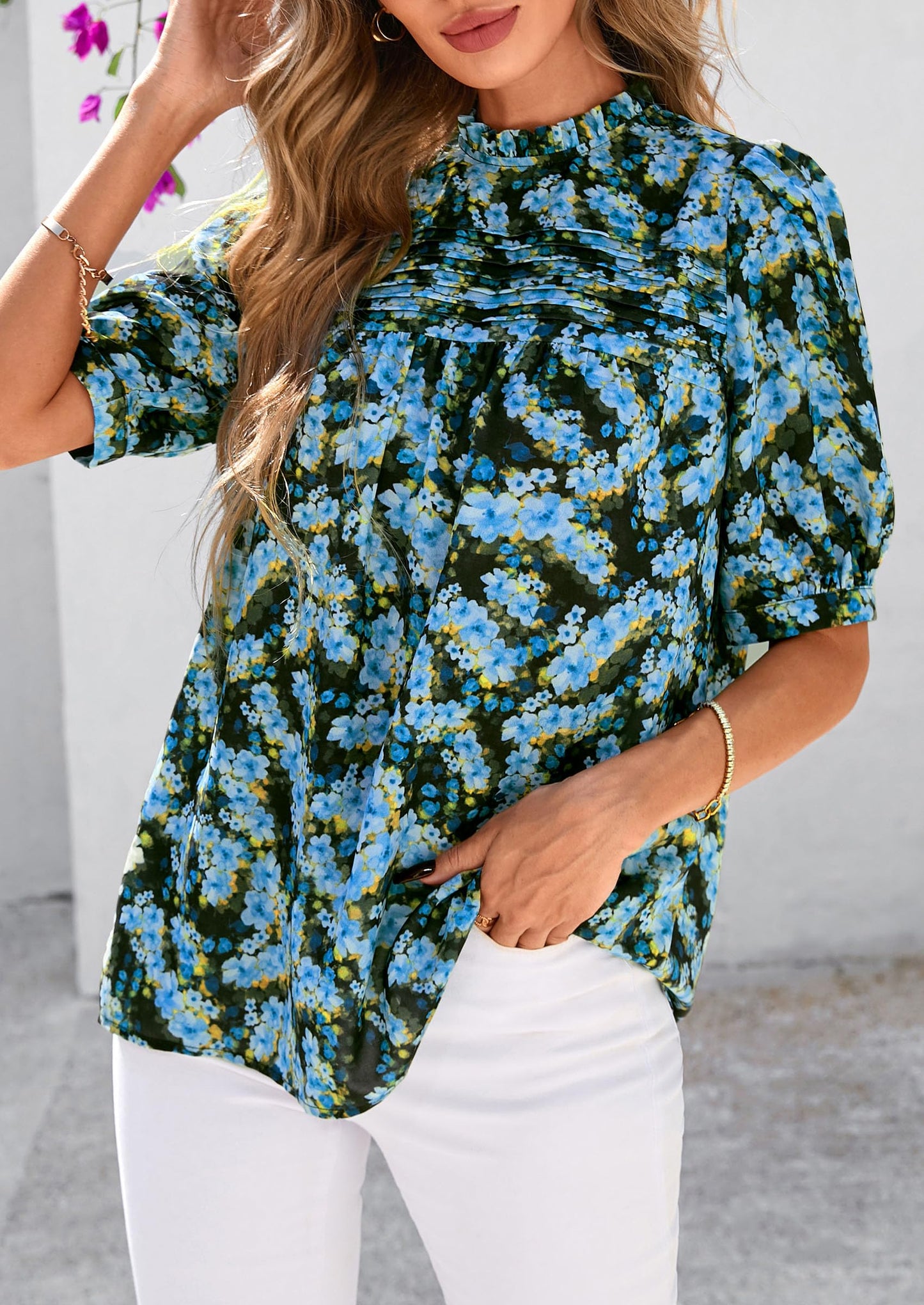 Floral Tops for Women Blouses Dressy Casual 2025 Summer Trendy Outfits Boho Pleated Short Sleeve Shirts