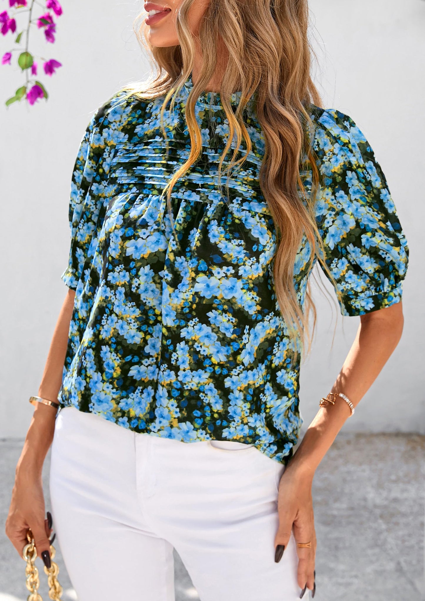 Floral Tops for Women Blouses Dressy Casual 2025 Summer Trendy Outfits Boho Pleated Short Sleeve Shirts