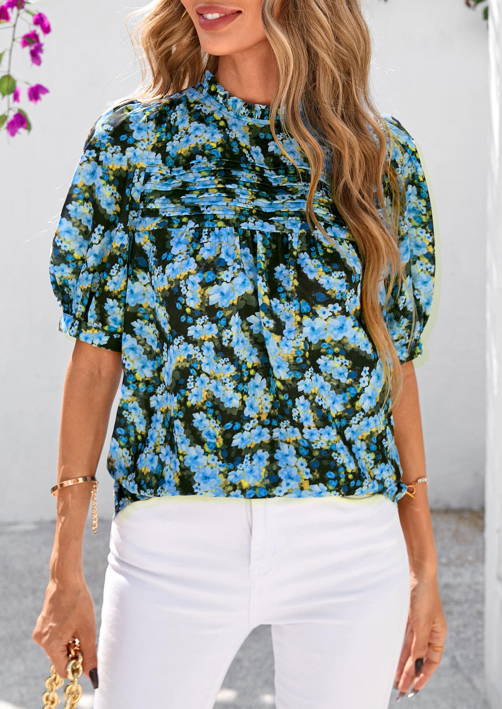 PRETTYGARDEN Floral Tops for Women Blouses Dressy Casual Summer Trendy Outfits Boho Pleated Short Sleeve Shirts