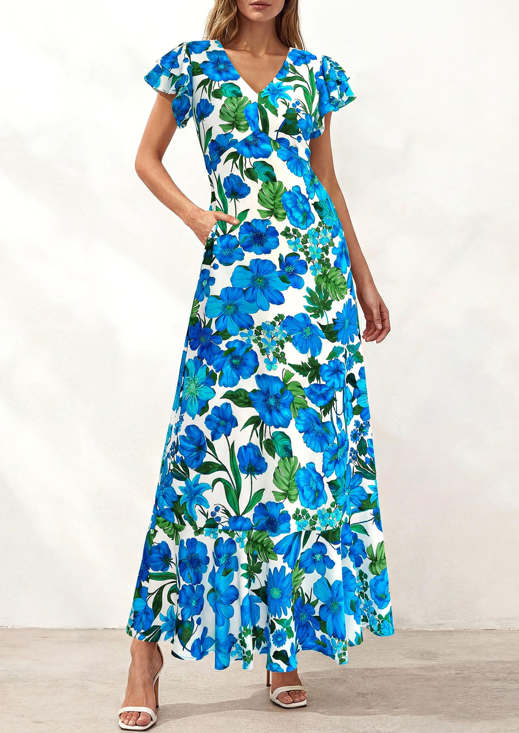 PRETTYGARDEN Wedding Guest Dresses for Women 2026 Spring Summer Short Sleeve Ruffle V Neck Floral Flowy Beach Maxi Long Dress PRETTYGARDEN