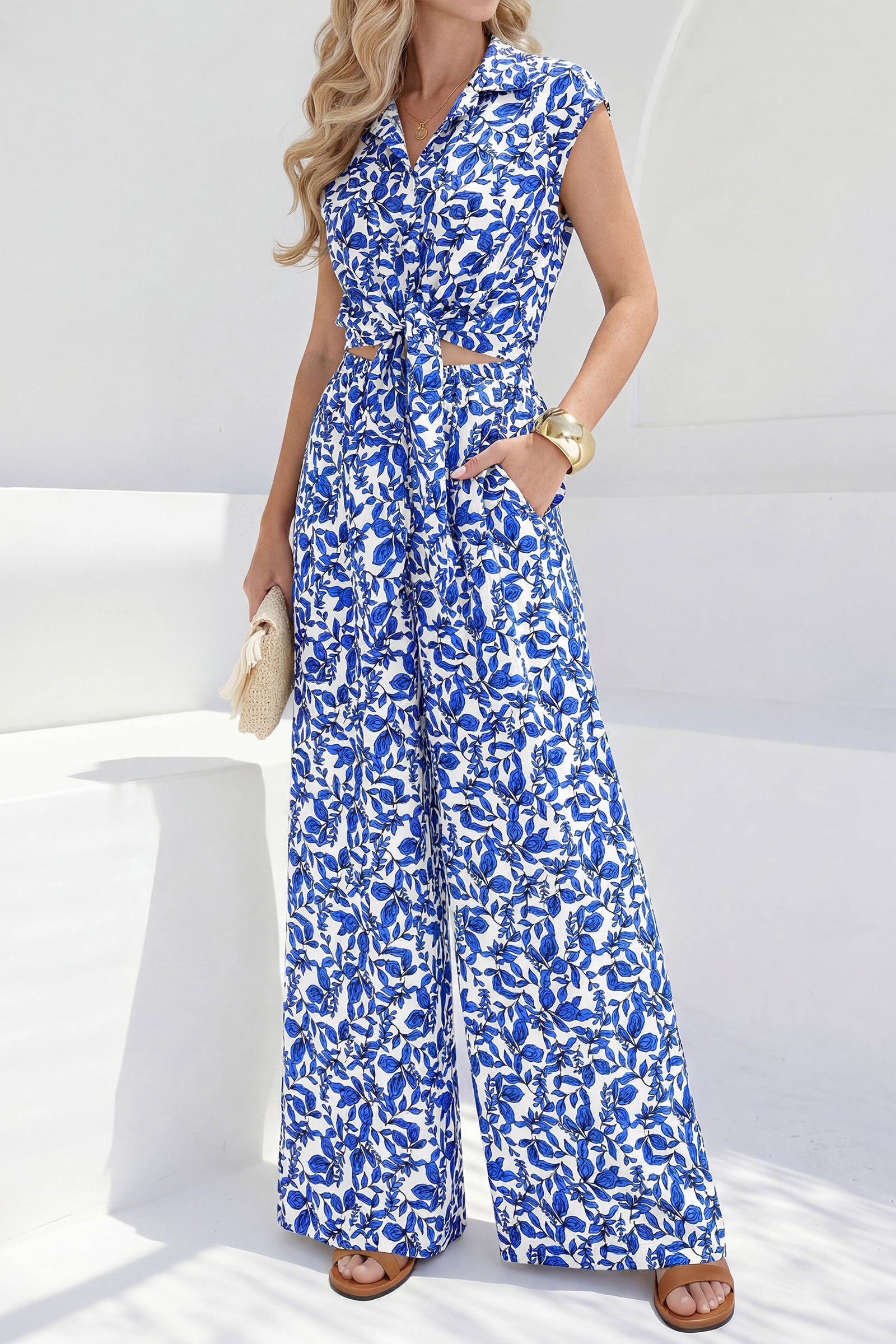 PRETTYGARDEN 2 Piece Sets For Women Summer Striped Button Down Tie Front Crop Tops Wide Leg Pants Floral Lounge Set 2026 PRETTYGARDEN