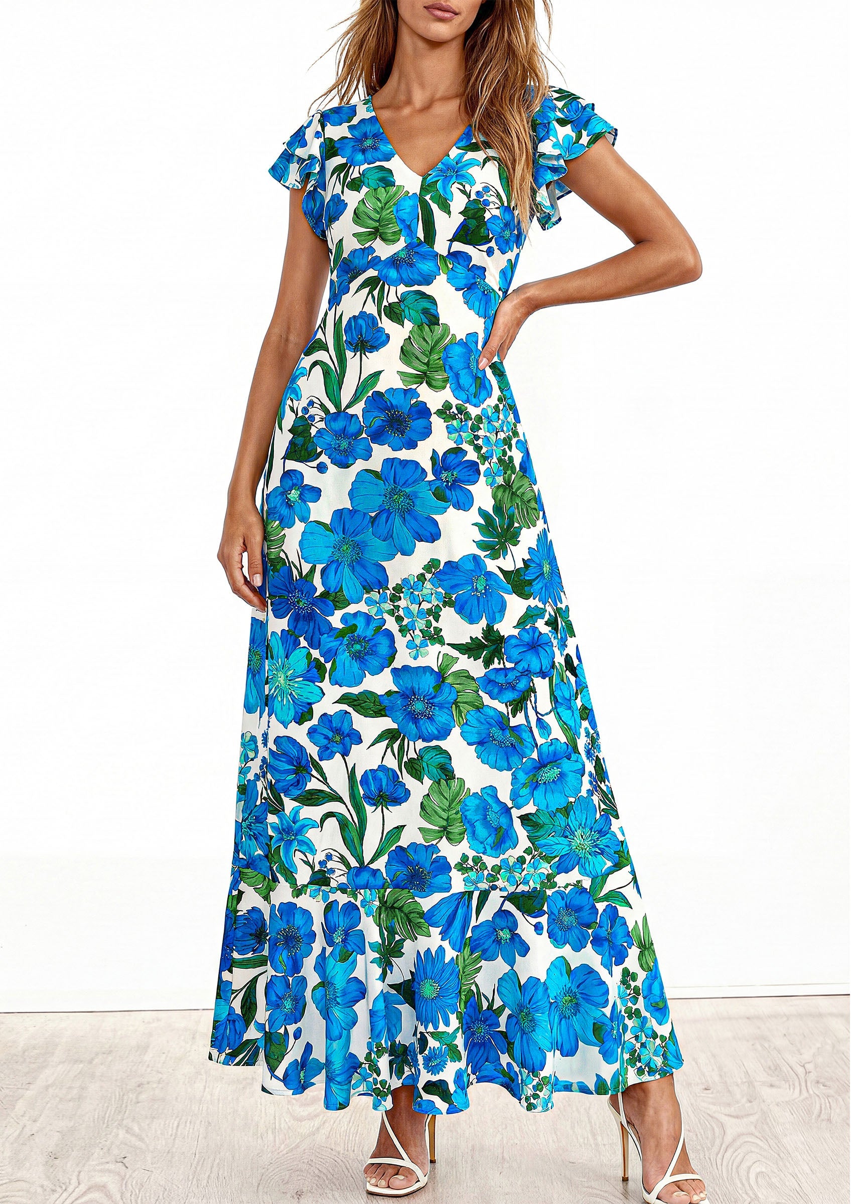 PRETTYGARDEN Wedding Guest Dresses for Women 2026 Spring Summer Short Sleeve Ruffle V Neck Floral Flowy Beach Maxi Long Dress PRETTYGARDEN