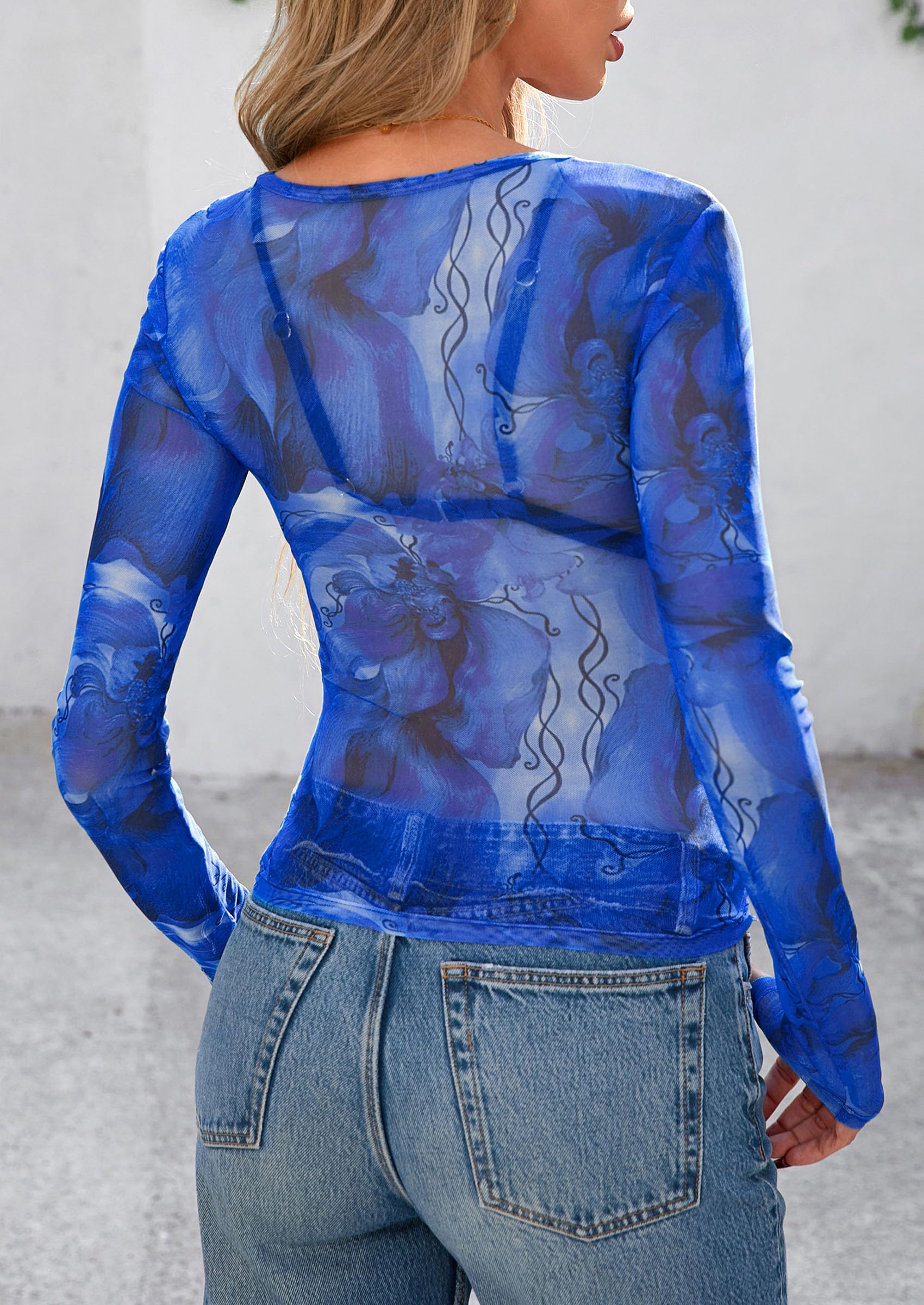 PRETTYGARDEN Women's Mesh Long Sleeve Top Trendy Fall See Through Sheer Blouse Leopard Fitted Going Out Layering Shirts