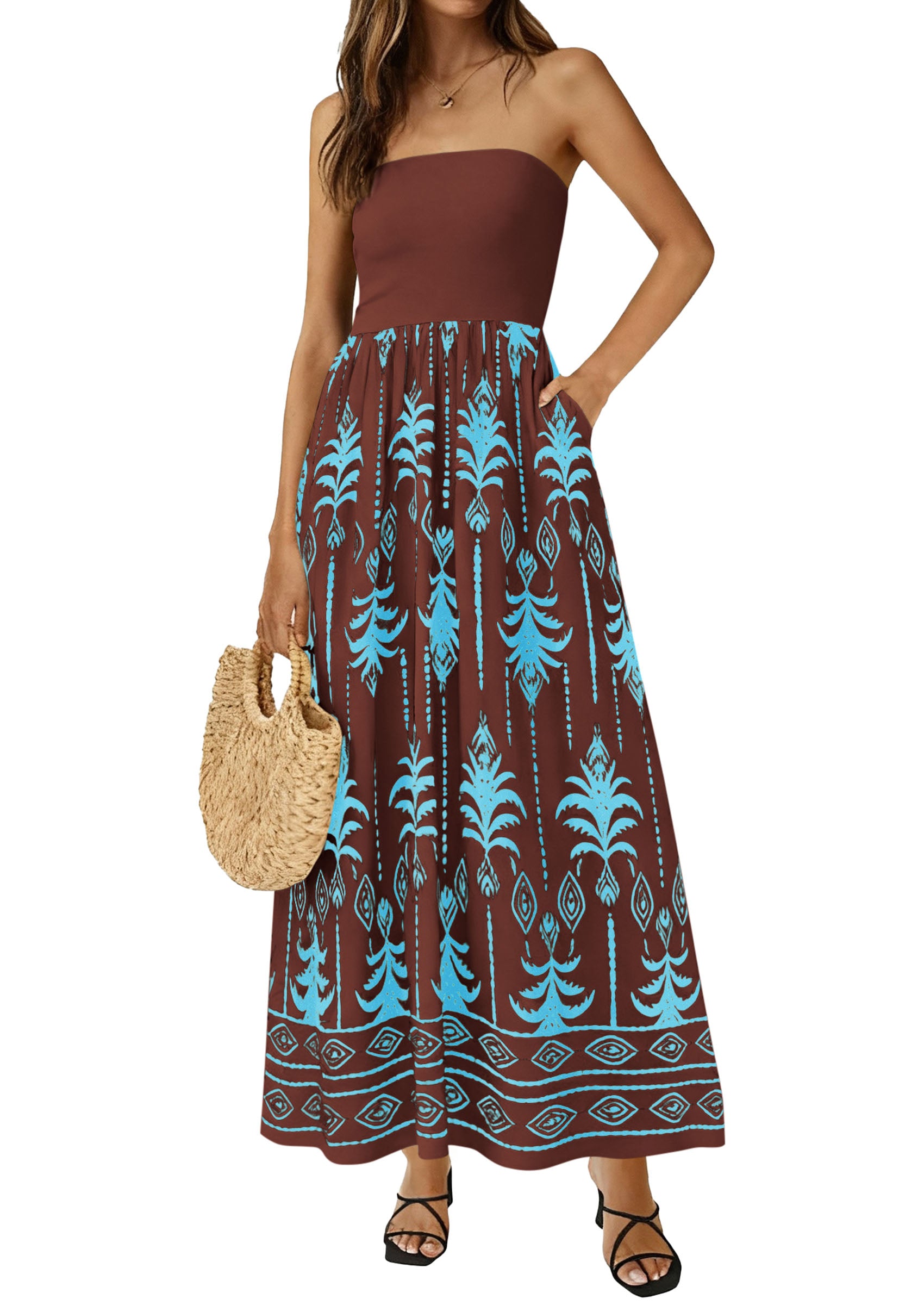 PRETTYGARDEN Summer Dresses for Women 2026 Floral Patchwork Strapless Tube Long Flowy Dress Beach Vacation Clothes