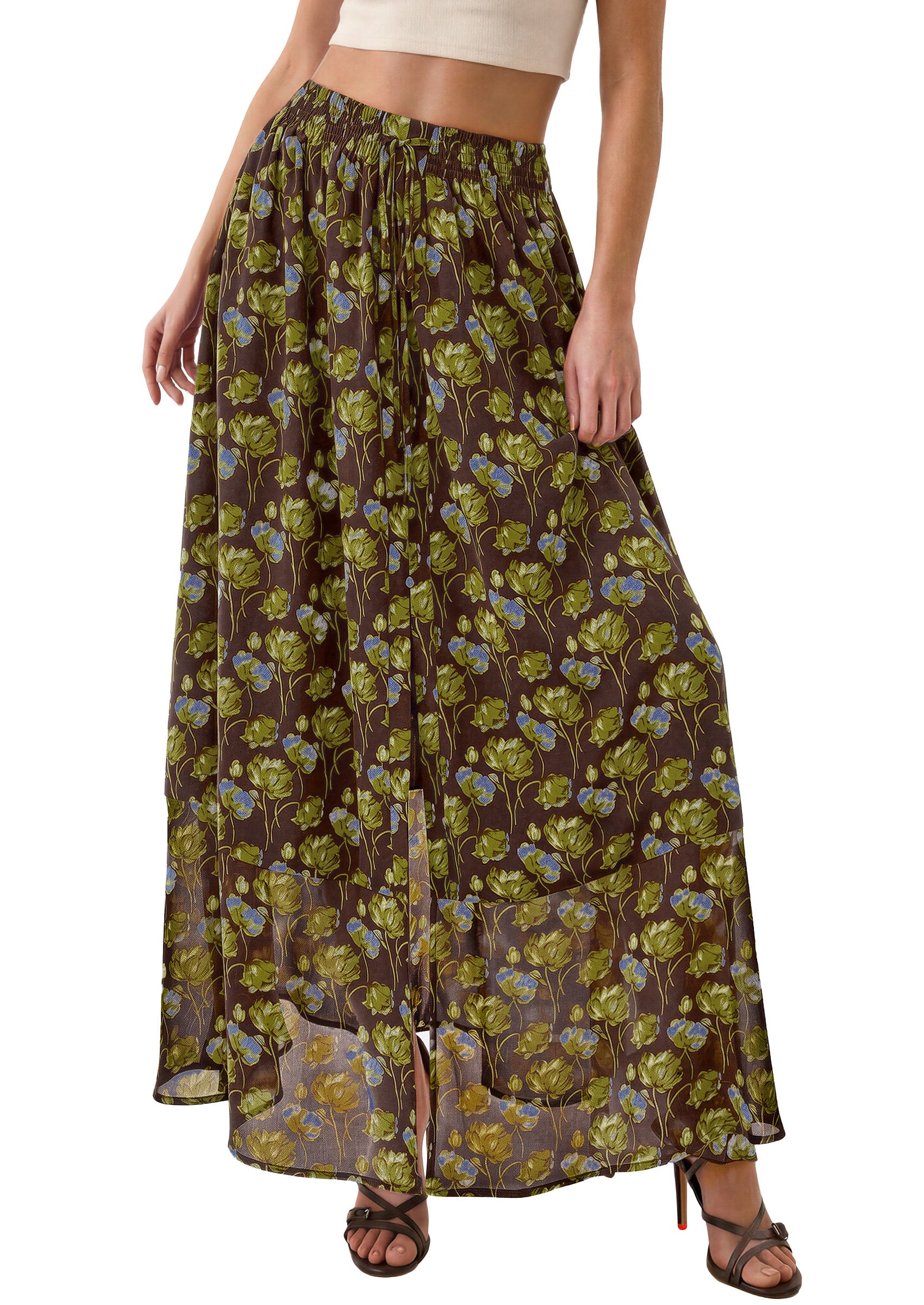 PRETTYGARDEN 2026 Summer Maxi Long Skirts for Women Trendy Boho Floral High Waisted Slit Flowy Travel Beach Vacation Clothes