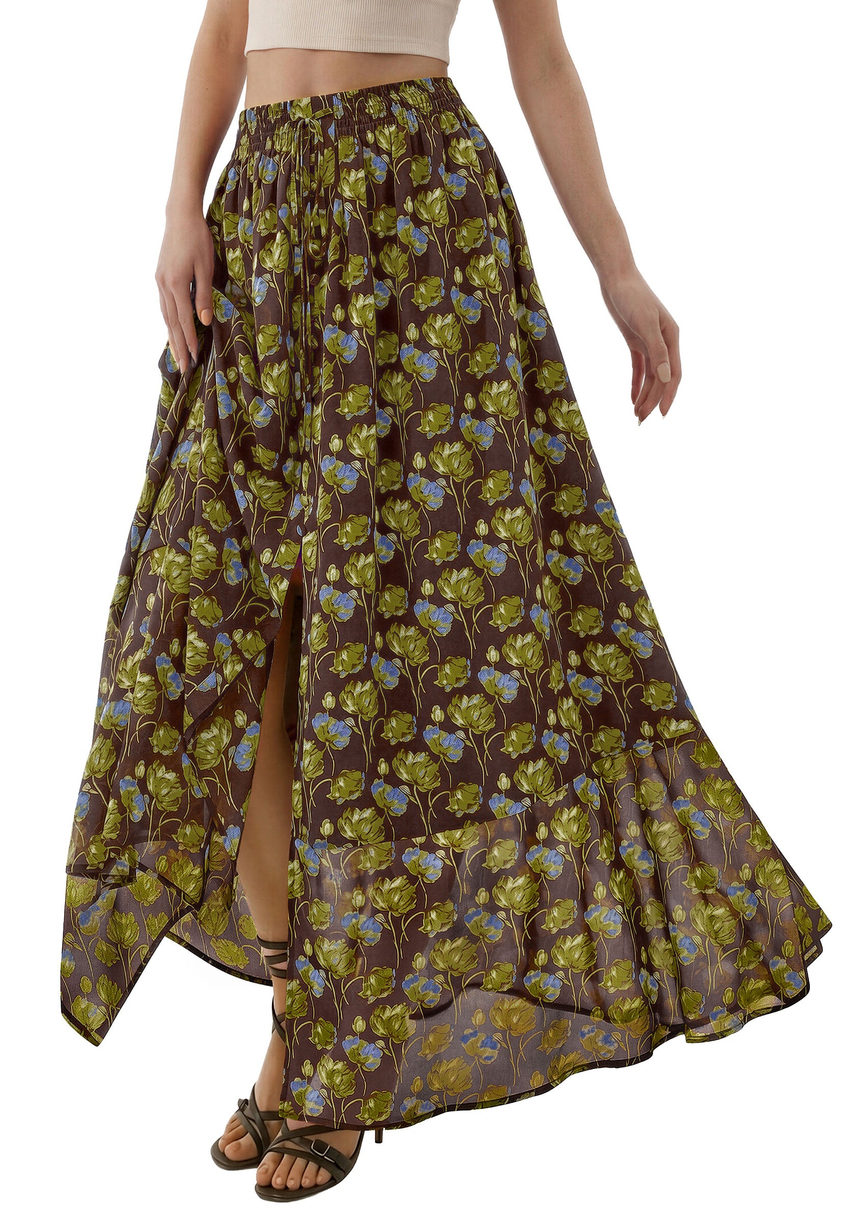 PRETTYGARDEN 2026 Summer Maxi Long Skirts for Women Trendy Boho Floral High Waisted Slit Flowy Travel Beach Vacation Clothes