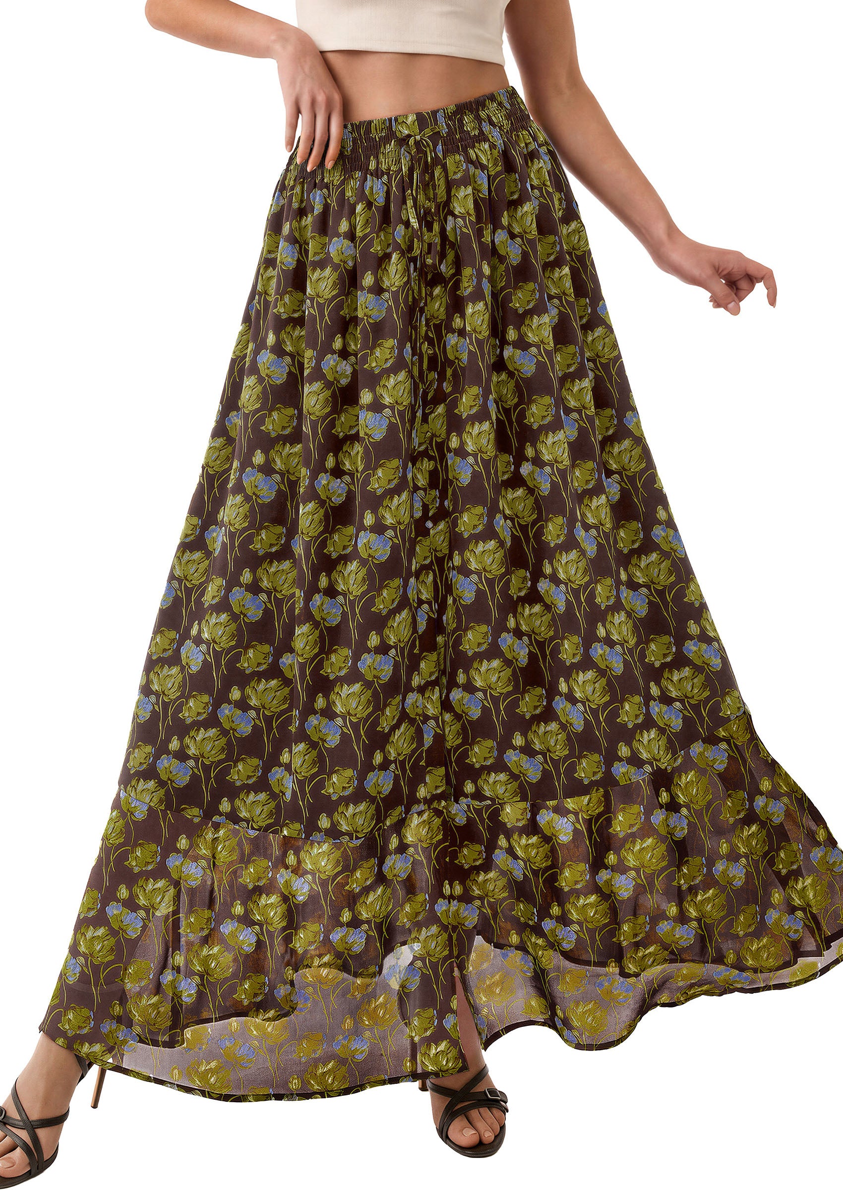 PRETTYGARDEN 2026 Summer Maxi Long Skirts for Women Trendy Boho Floral High Waisted Slit Flowy Travel Beach Vacation Clothes