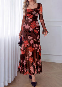 PRETTYGARDEN Womens Floral Long Sleeve Dress A Line Mesh Fall Maxi Dresses | Sheer Sleeve & Bell Cuffs, Lined, High Waist & Tiered Ruffle, Square Neck, Flowy Boho Dress, Cocktail Wedding Guest Dresses