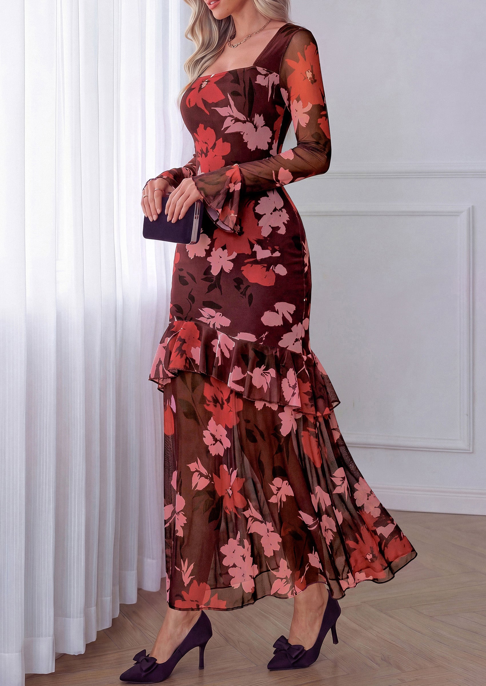 PRETTYGARDEN Womens Floral Long Sleeve Dress A Line Mesh Fall Maxi Dresses | Sheer Sleeve & Bell Cuffs, Lined, High Waist & Tiered Ruffle, Square Neck, Flowy Boho Dress, Cocktail Wedding Guest Dresses