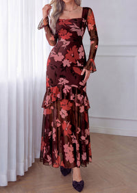 PRETTYGARDEN Womens Floral Long Sleeve Dress A Line Mesh Fall Maxi Dresses | Sheer Sleeve & Bell Cuffs, Lined, High Waist & Tiered Ruffle, Square Neck, Flowy Boho Dress, Cocktail Wedding Guest Dresses