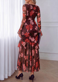 PRETTYGARDEN Womens Floral Long Sleeve Dress A Line Mesh Fall Maxi Dresses | Sheer Sleeve & Bell Cuffs, Lined, High Waist & Tiered Ruffle, Square Neck, Flowy Boho Dress, Cocktail Wedding Guest Dresses