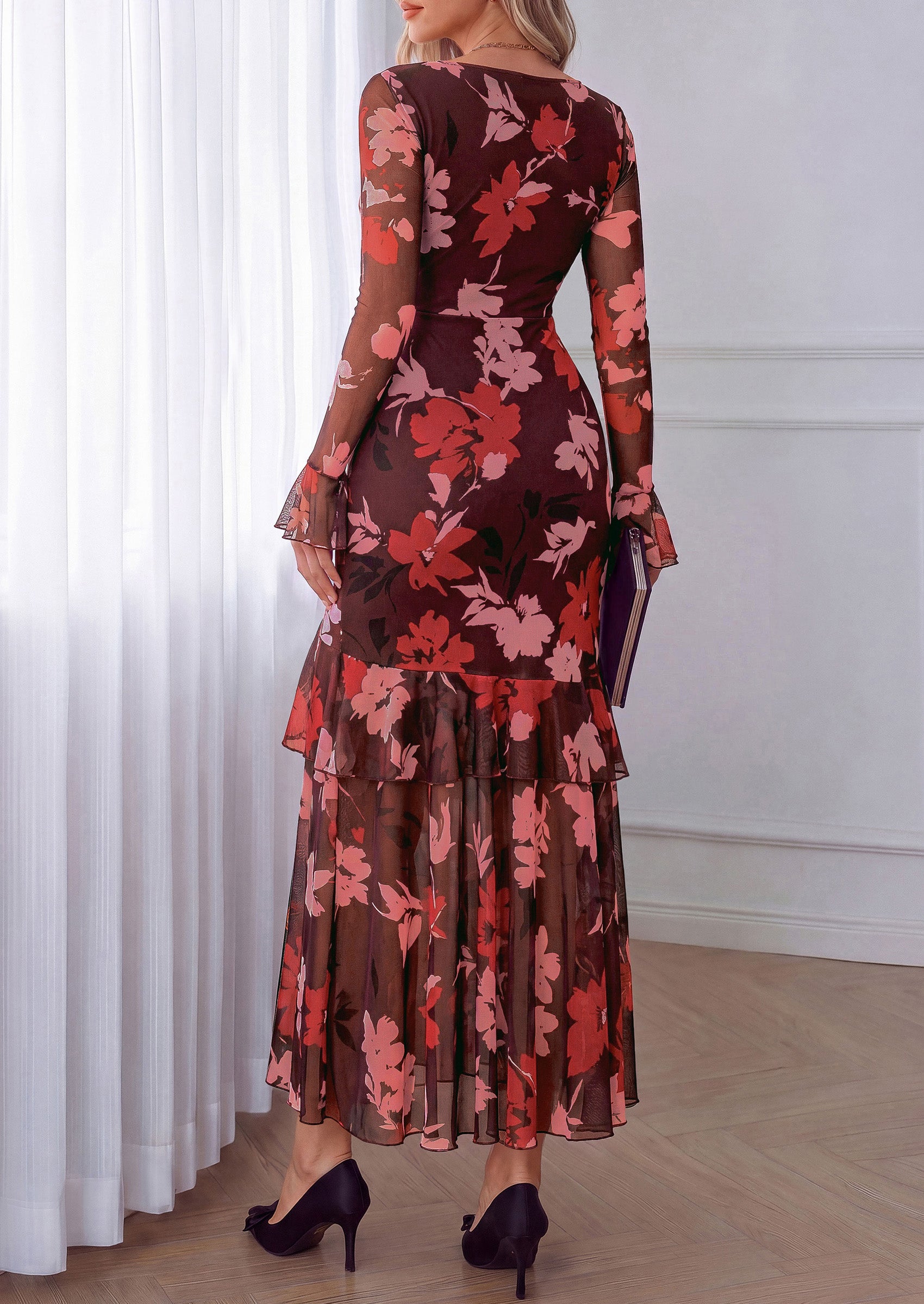 PRETTYGARDEN Womens Floral Long Sleeve Dress A Line Mesh Fall Maxi Dresses | Sheer Sleeve & Bell Cuffs, Lined, High Waist & Tiered Ruffle, Square Neck, Flowy Boho Dress, Cocktail Wedding Guest Dresses