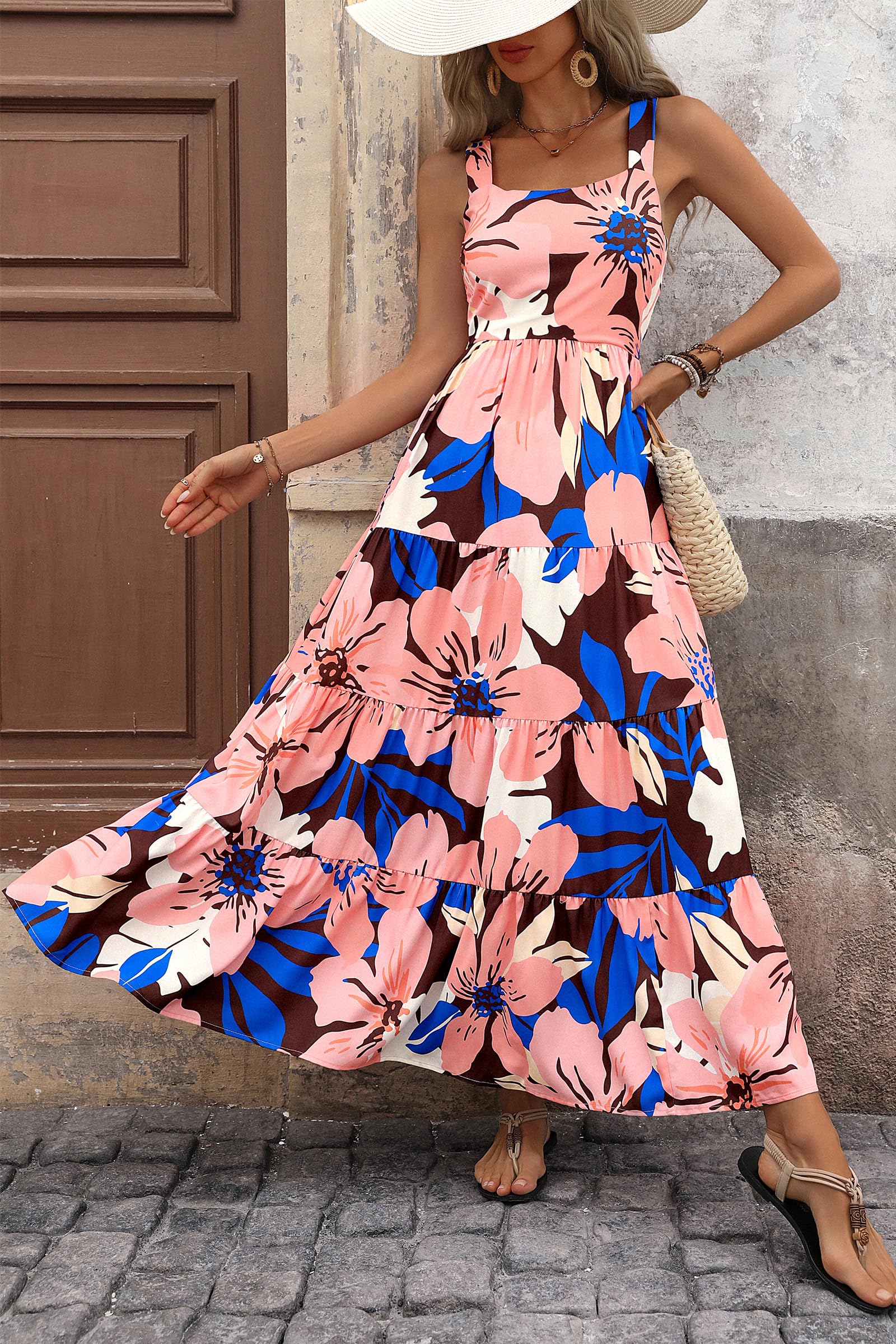 PRETTYGARDEN Women's Summer Floral Maxi Dress Sleeveless Smocked Ruffle Long Flowy Beach Vacation Boho Sundresses