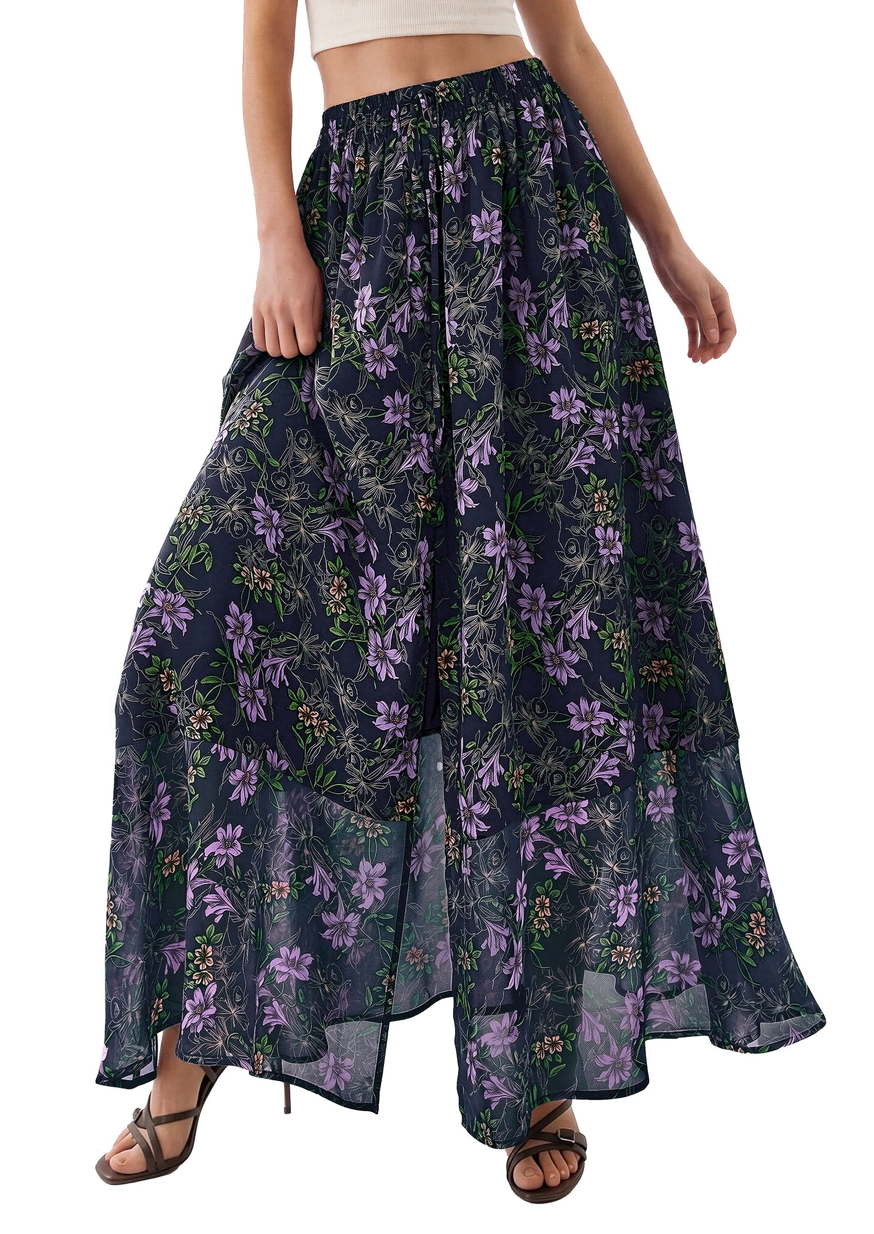 PRETTYGARDEN 2026 Summer Maxi Long Skirts for Women Trendy Boho Floral High Waisted Slit Flowy Travel Beach Vacation Clothes