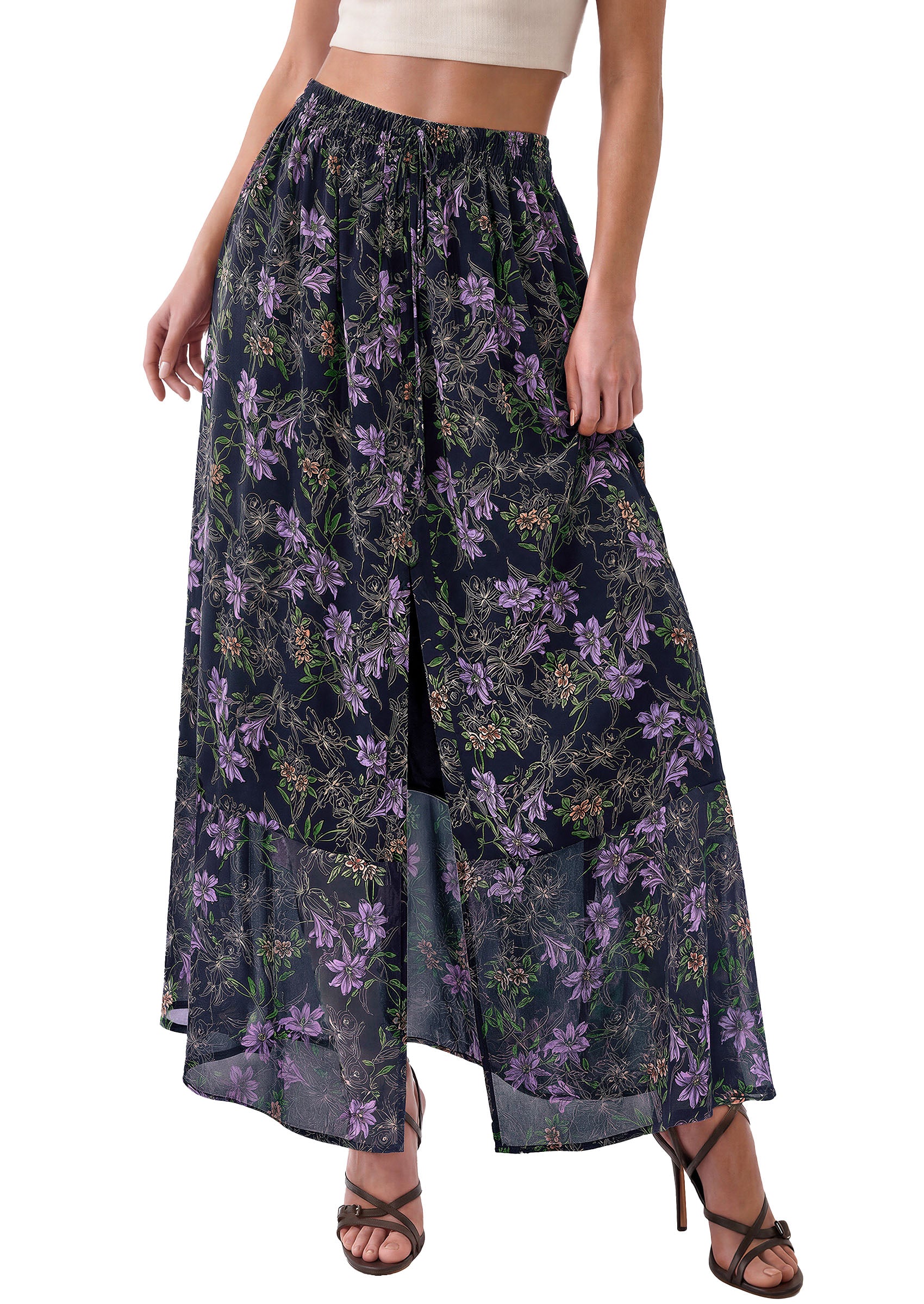PRETTYGARDEN 2026 Summer Maxi Long Skirts for Women Trendy Boho Floral High Waisted Slit Flowy Travel Beach Vacation Clothes