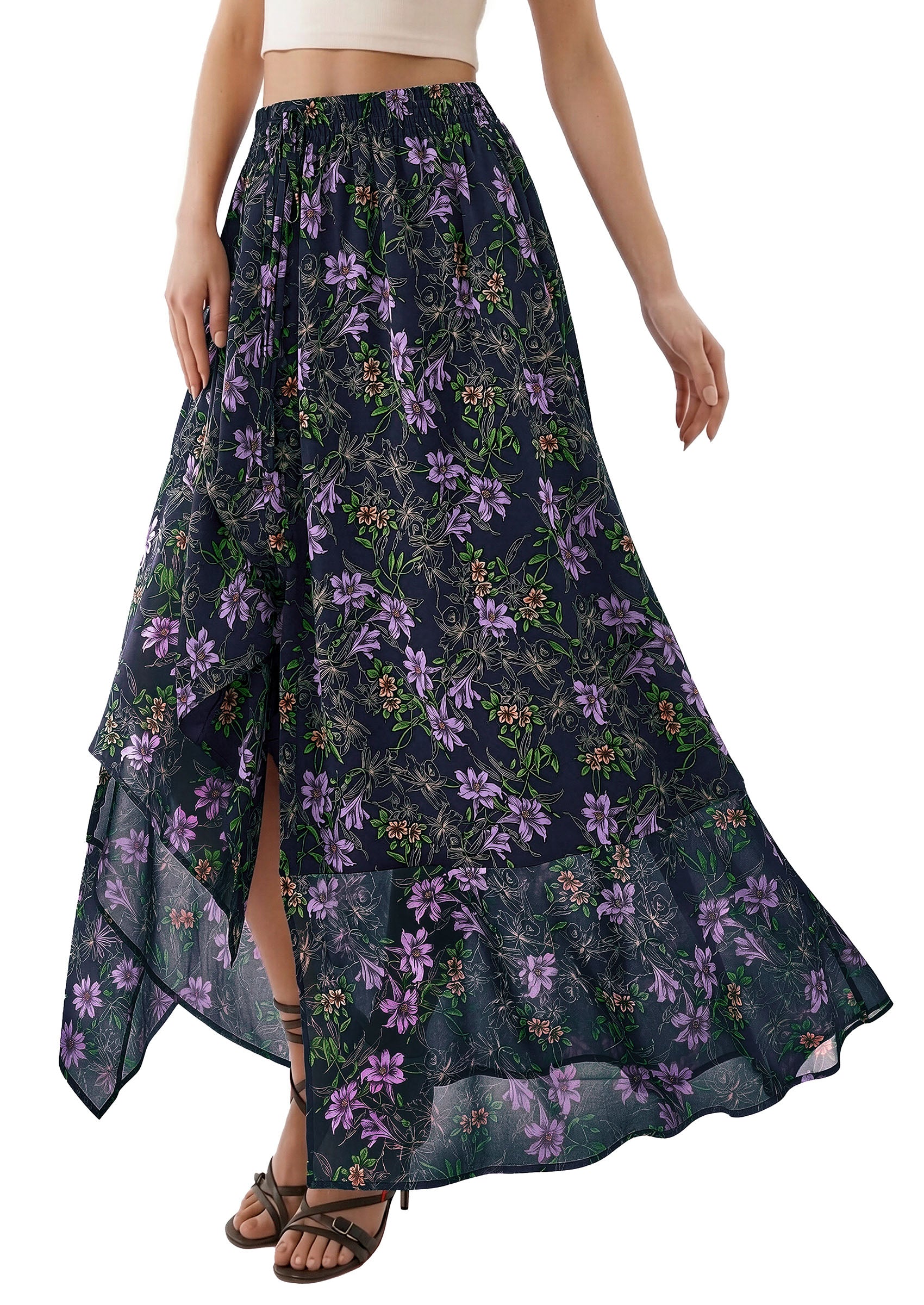 PRETTYGARDEN 2026 Summer Maxi Long Skirts for Women Trendy Boho Floral High Waisted Slit Flowy Travel Beach Vacation Clothes
