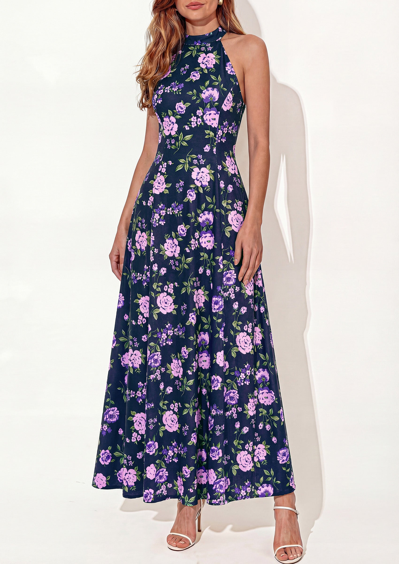 PRETTYGARDEN Summer Halter Dresses for Women Vacation Outfits Sleeveless Polka Dot Sundress Wedding Guest Maxi Dress