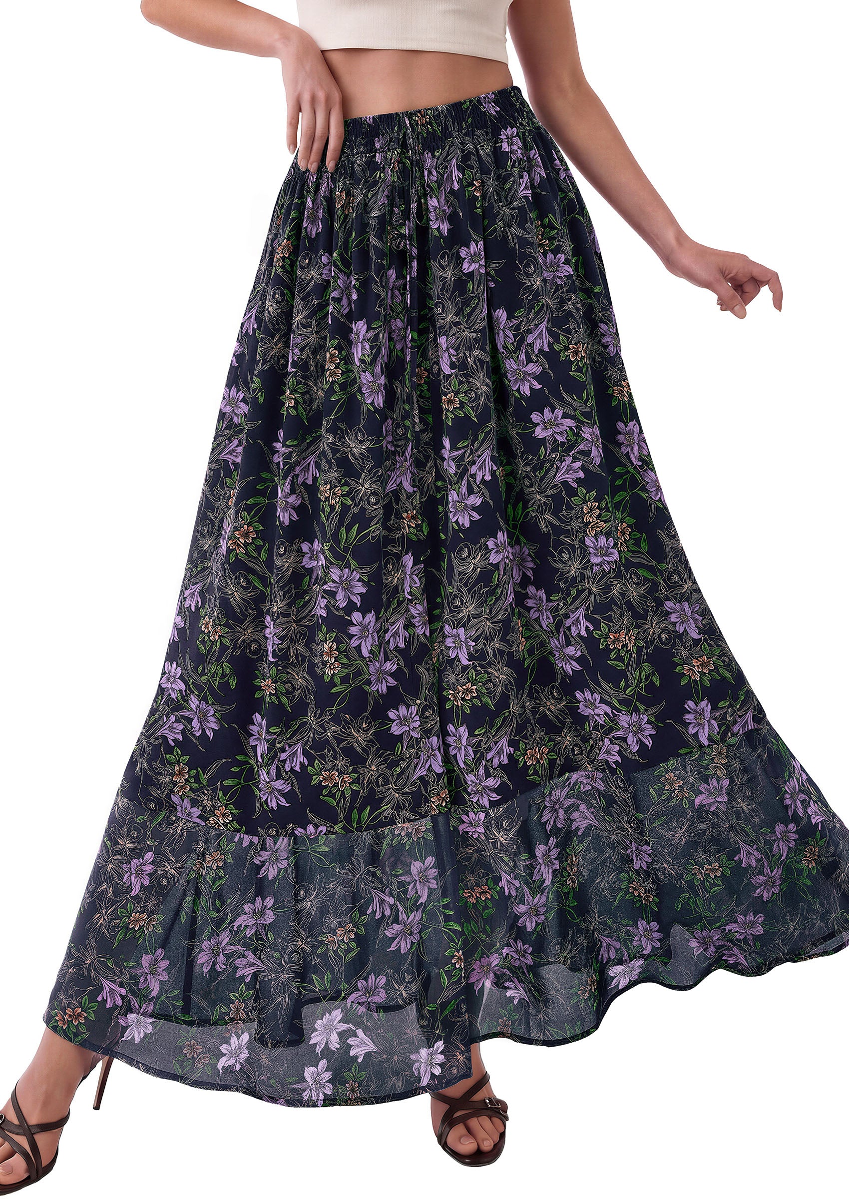 PRETTYGARDEN 2026 Summer Maxi Long Skirts for Women Trendy Boho Floral High Waisted Slit Flowy Travel Beach Vacation Clothes