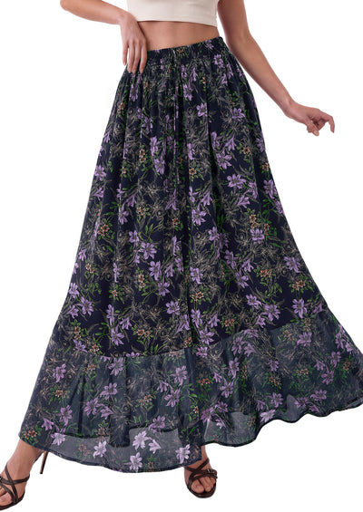 PRETTYGARDEN 2026 Summer Maxi Long Skirts for Women Trendy Boho Floral High Waisted Slit Flowy Travel Beach Vacation Clothes
