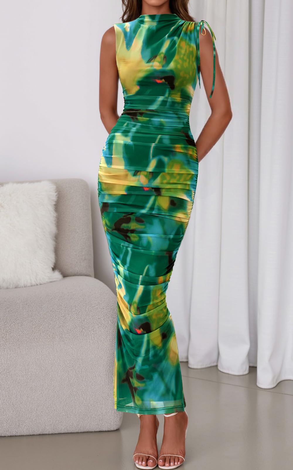 PRETTYGARDEN Women's Summer Maxi Floral Dresses Ruched Bodycon Sleeveless Mesh Formal Wedding Guest Cocktail Split Long Dress PRETTYGARDEN