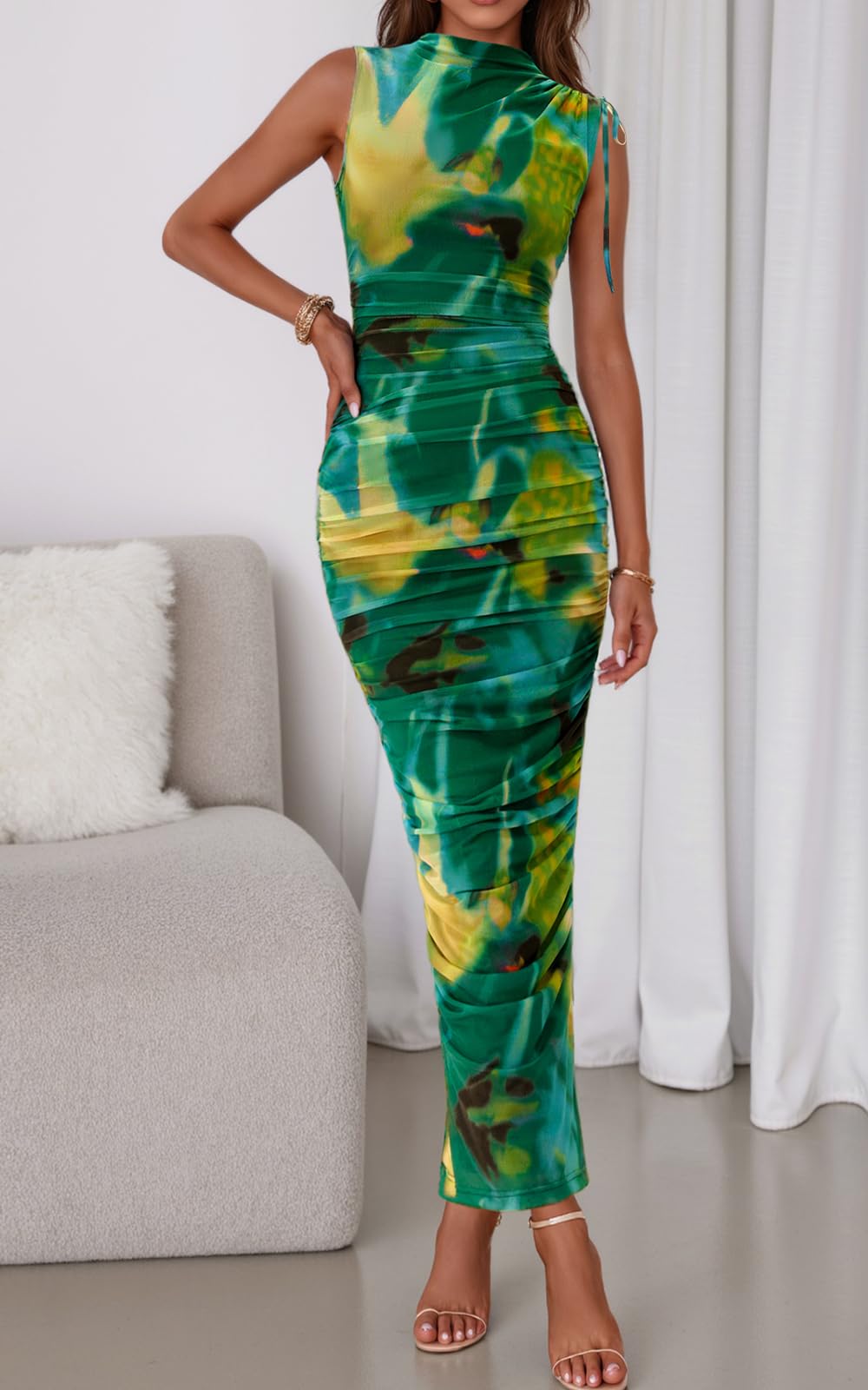 PRETTYGARDEN Women's Summer Maxi Floral Dresses Ruched Bodycon Sleeveless Mesh Formal Wedding Guest Cocktail Split Long Dress PRETTYGARDEN