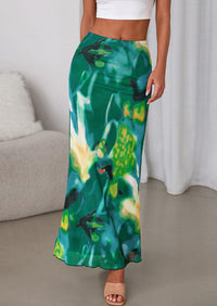 PRETTYGARDEN Women's Floral Print Mesh Long Skirt High Waisted Bodycon Fishtail Flowy Summer Maxi Skirts for Women Trendy