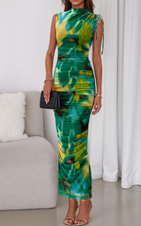 PRETTYGARDEN Women's Summer Maxi Floral Dresses Ruched Bodycon Sleeveless Mesh Formal Wedding Guest Cocktail Split Long Dress PRETTYGARDEN