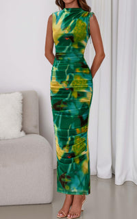 PRETTYGARDEN Women's Summer Maxi Floral Dresses Ruched Bodycon Sleeveless Mesh Formal Wedding Guest Cocktail Split Long Dress PRETTYGARDEN