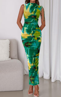 PRETTYGARDEN Women's Summer Maxi Floral Dresses Ruched Bodycon Sleeveless Mesh Formal Wedding Guest Cocktail Split Long Dress PRETTYGARDEN