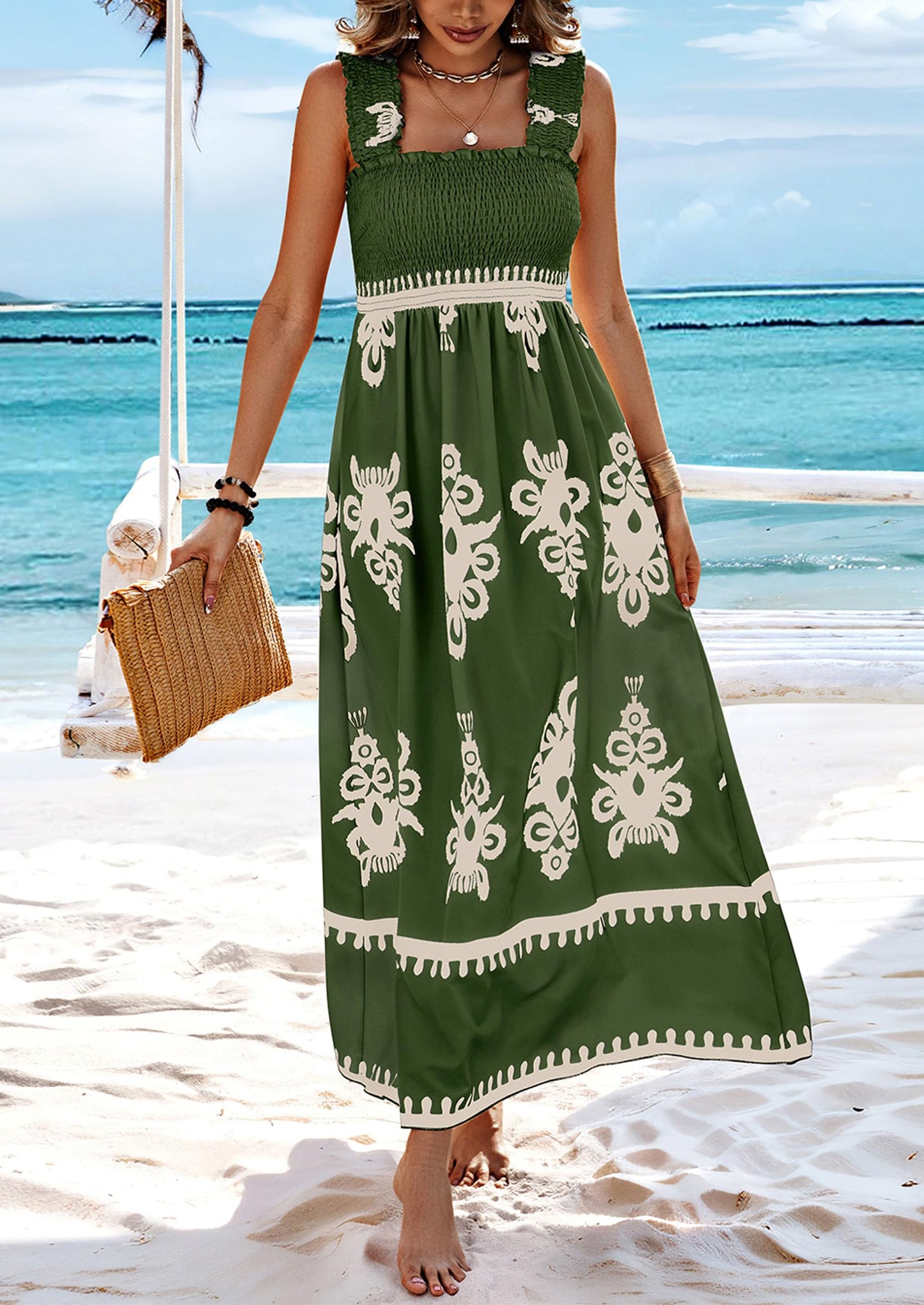 Womens Summer Boho Maxi Dress Casual Sleeveless Square Neck Floral A Line Smocked Beach Dresses with Pockets