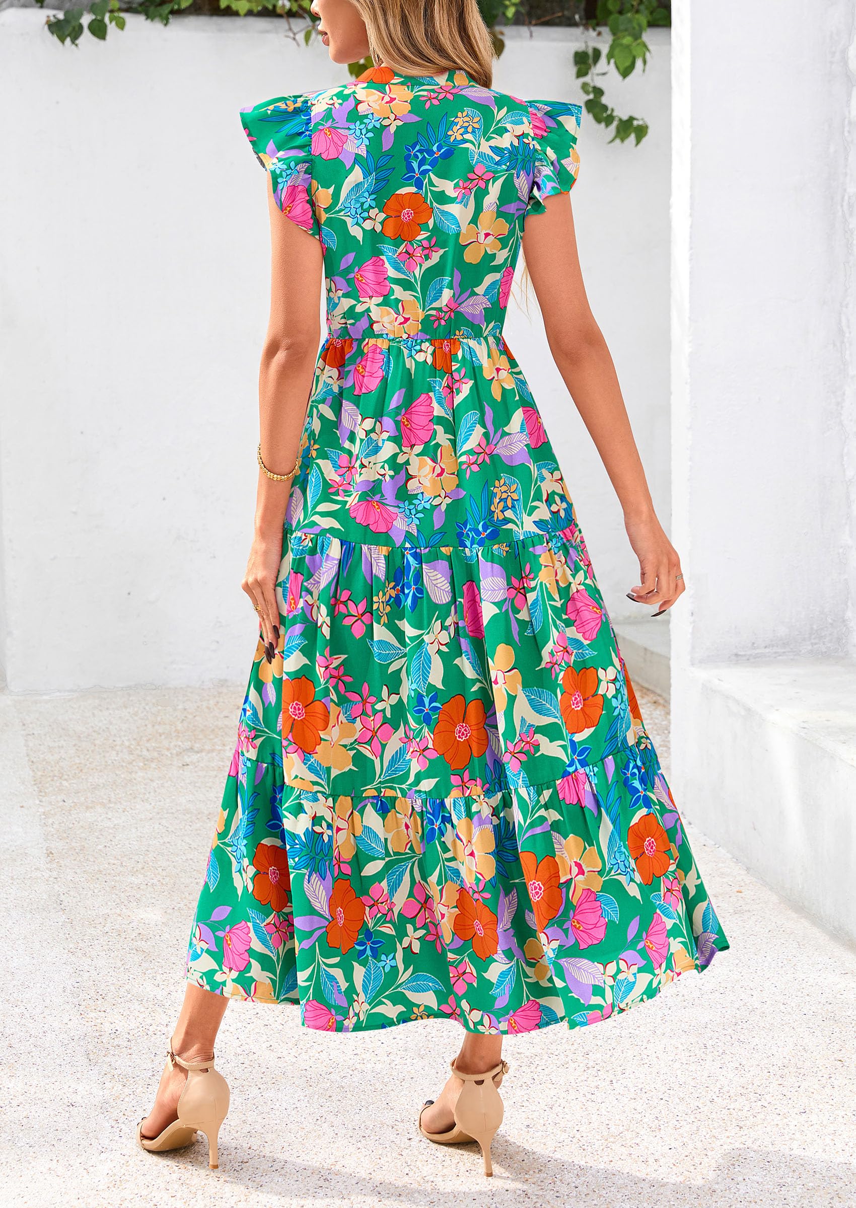 PRETTYGARDEN Women's Summer Floral Midi Dress Cap Sleeve V Neck Ruffle Long Flowy Boho Casual Beach Vacation Dresses