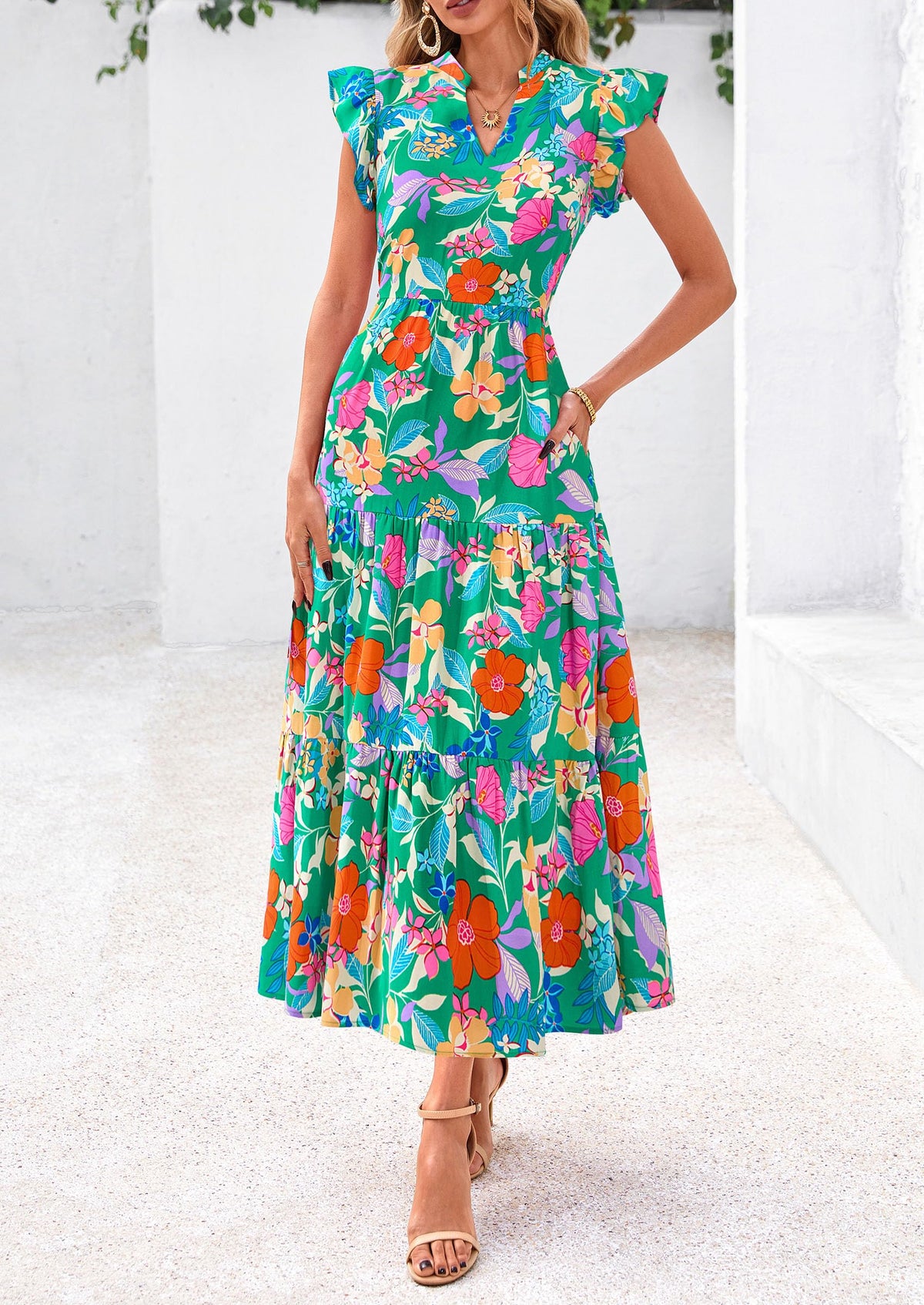 Summer Floral Cap Sleeve V Neck Ruffle Long Flowy Boho Casual Beach Vacation Midi Dress