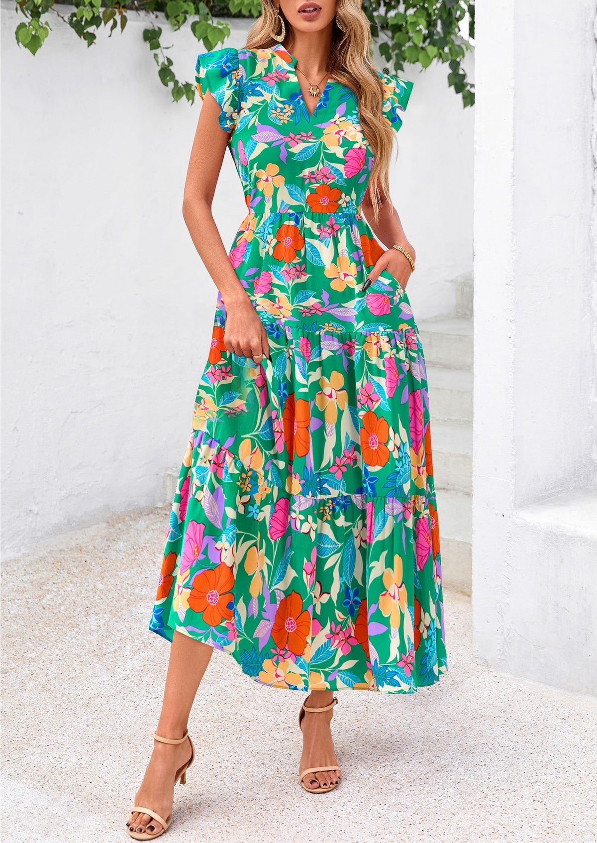 Summer Floral Cap Sleeve V Neck Ruffle Long Flowy Boho Casual Beach Vacation Midi Dress