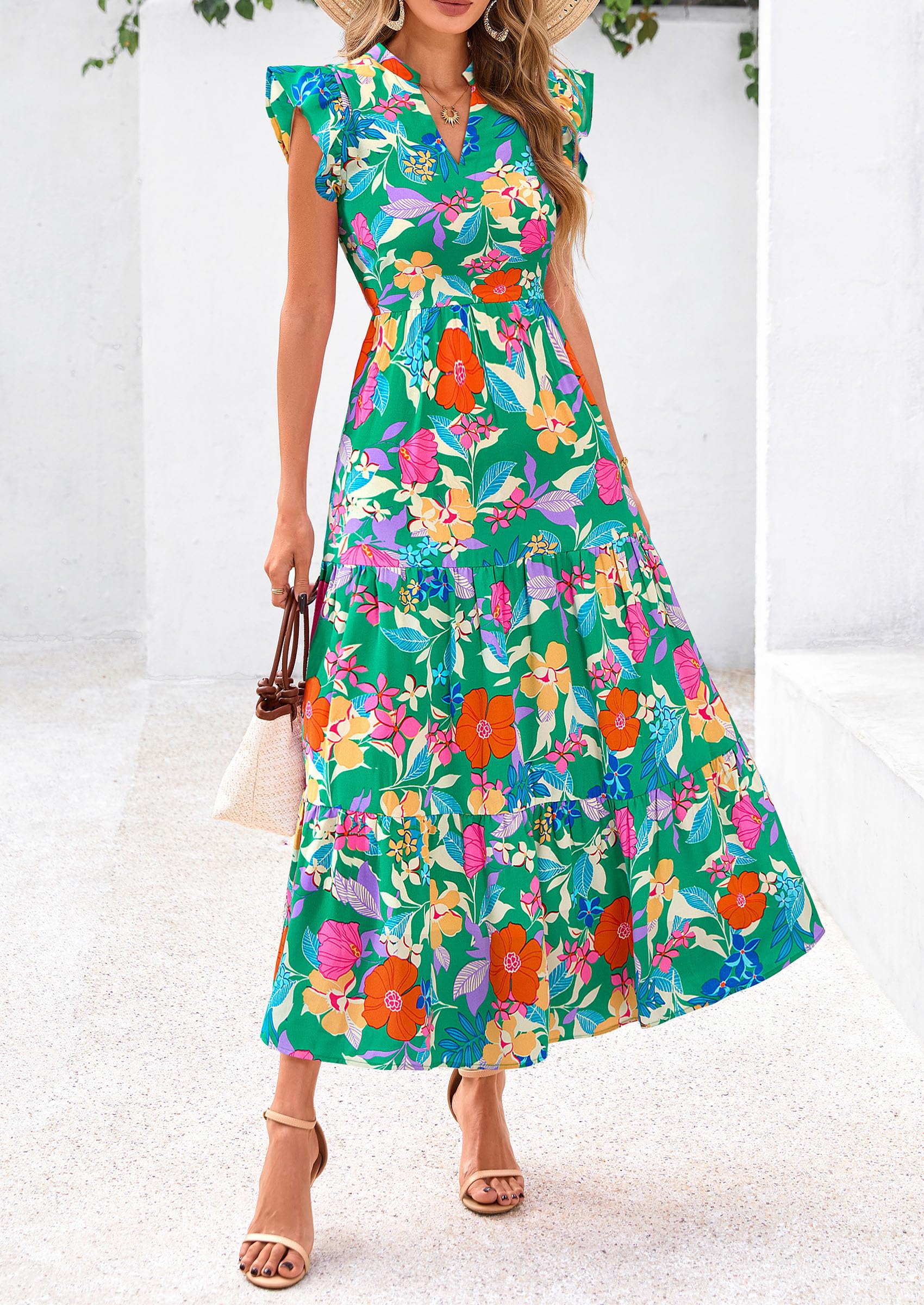 PRETTYGARDEN Women's Summer Floral Midi Dress Cap Sleeve V Neck Ruffle Long Flowy Boho Casual Beach Vacation Dresses