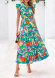 Summer Floral Cap Sleeve V Neck Ruffle Long Flowy Boho Casual Beach Vacation Midi Dress