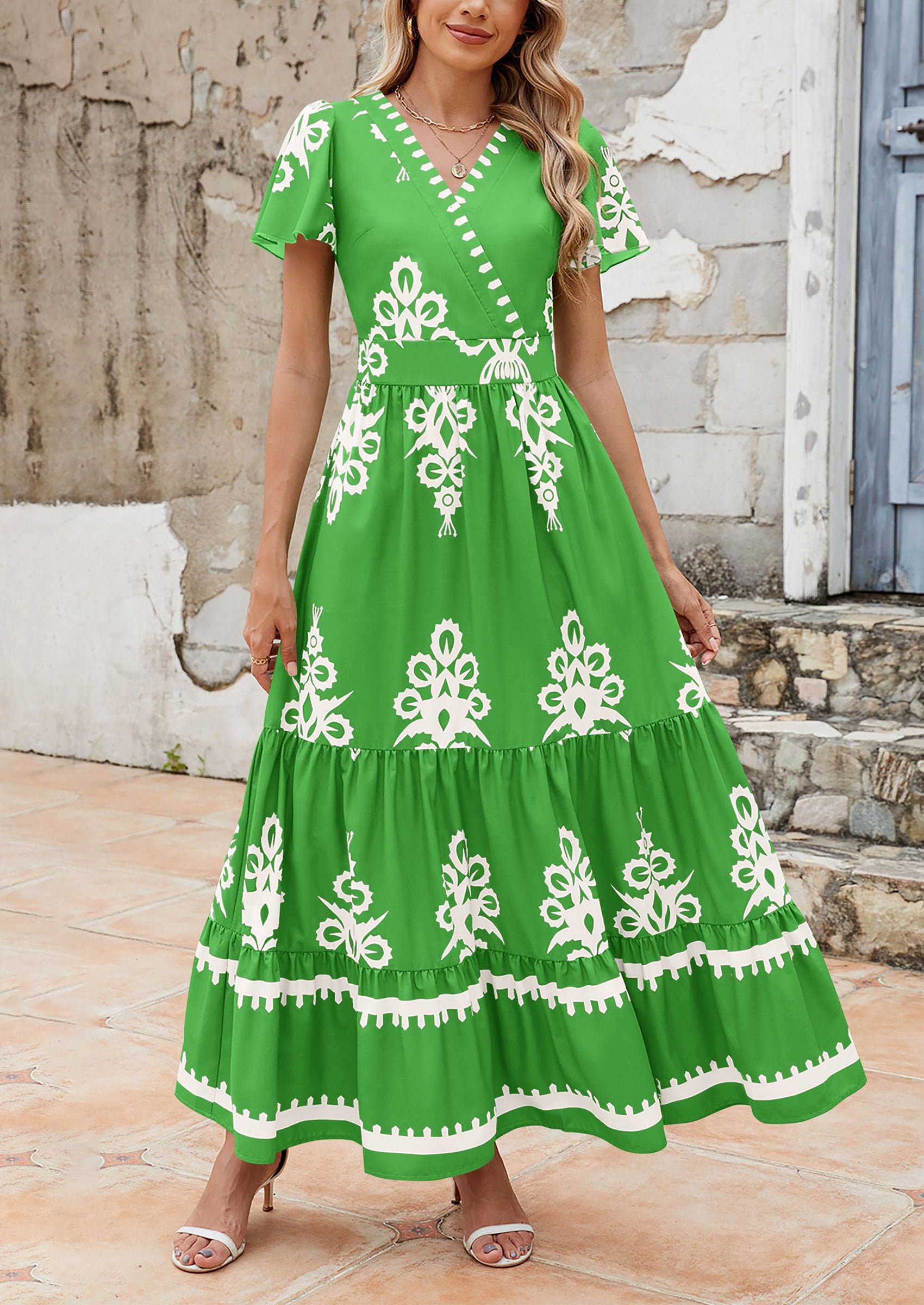 PRETTYGARDEN Womens Casual V Neck Boho Maxi Dress Flowy Aline Bell Sleeve Tiered Floral Dresses with Pocket