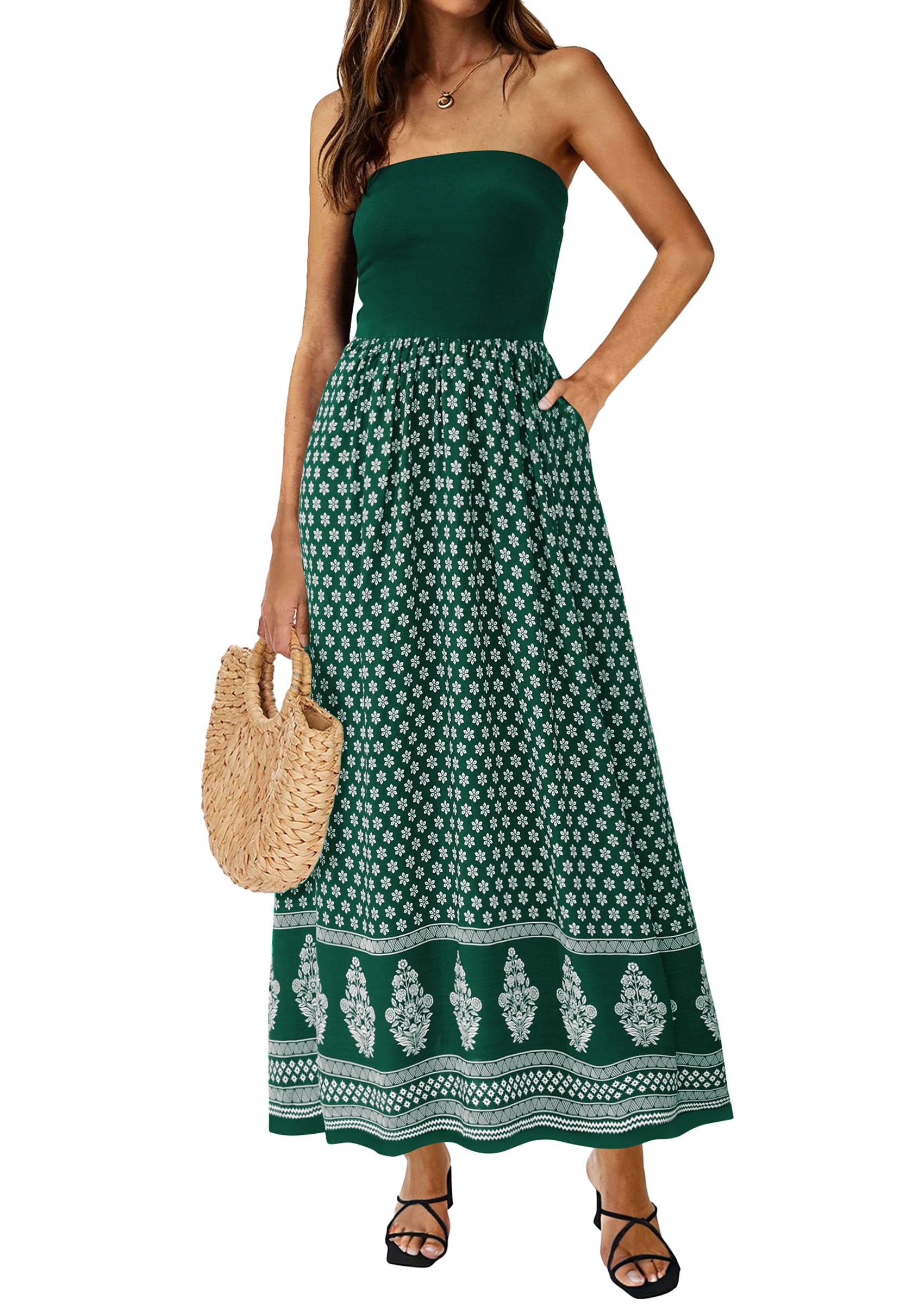 PRETTYGARDEN Summer Dresses for Women 2026 Floral Patchwork Strapless Tube Long Flowy Dress Beach Vacation Clothes